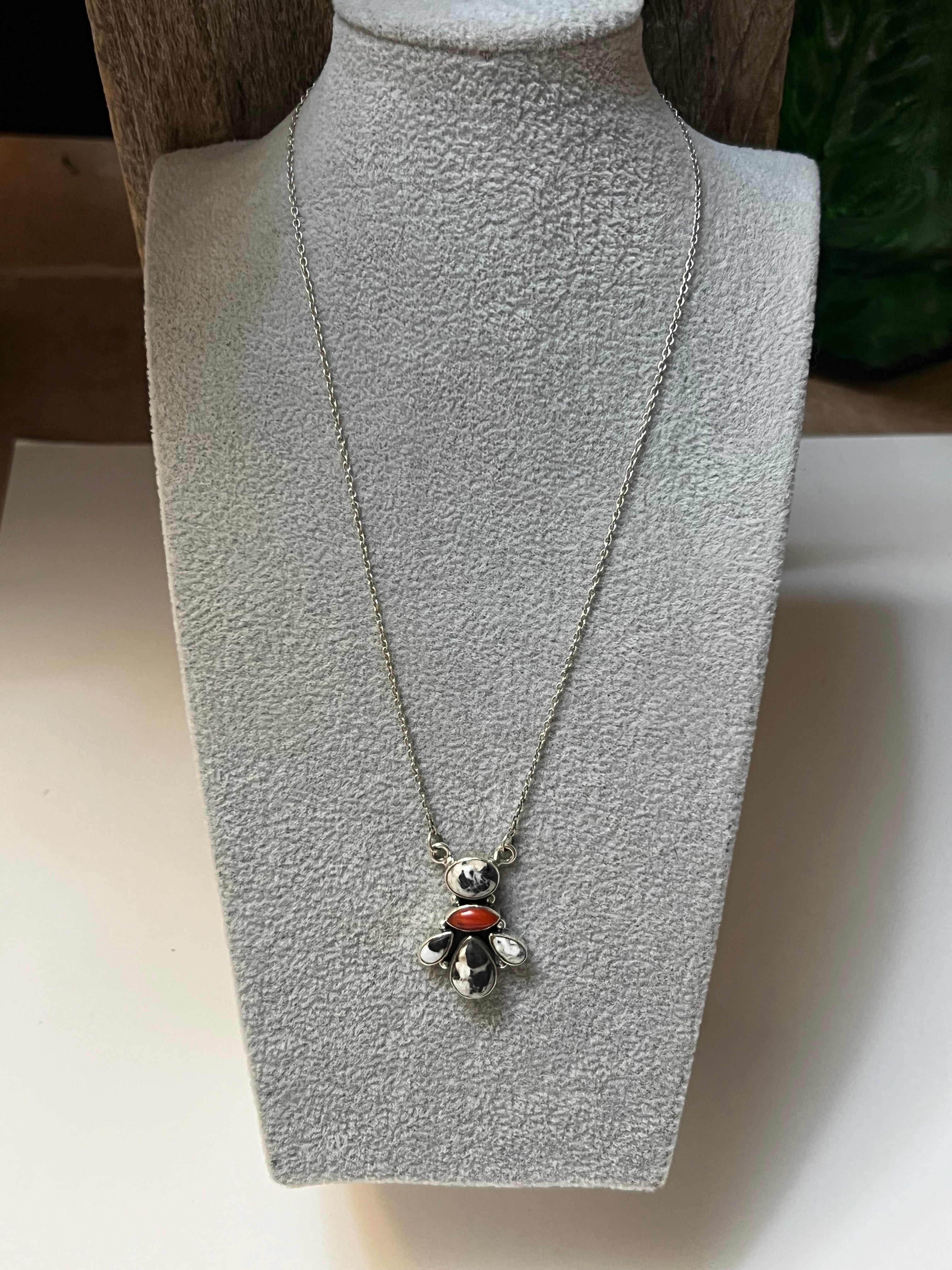 Handmade Sterling Silver, White Buffalo & Coral Necklace