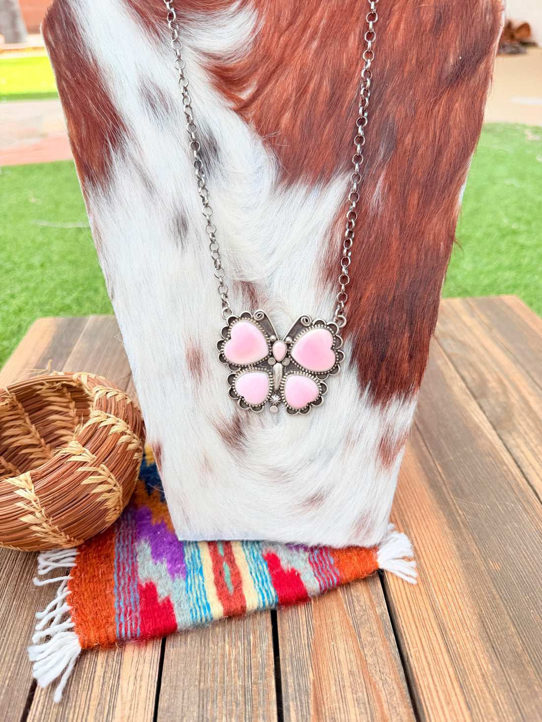 Handcrafted Queen Pink Conch & Sterling Silver Butterfly Necklace by Charles Johnson