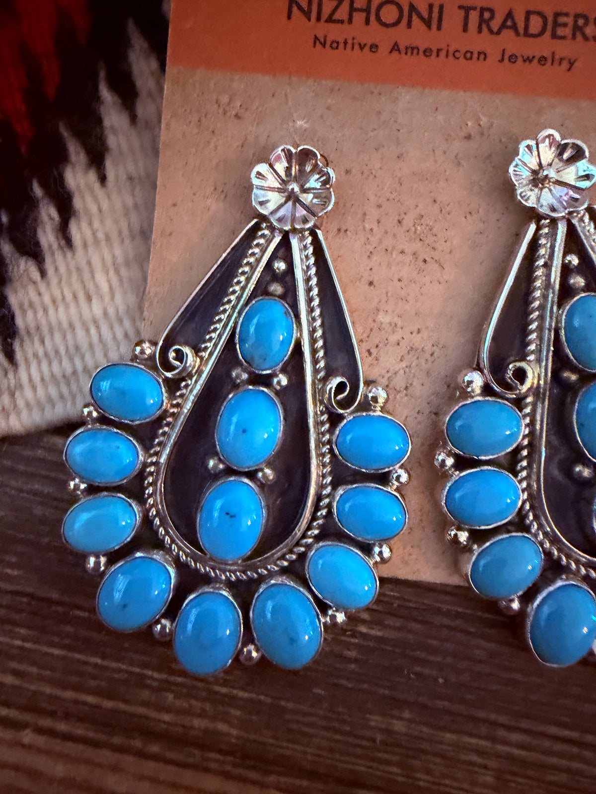 Handcrafted Turquoise & Sterling Silver Cluster Dangle Earrings by Pearlene Spencer