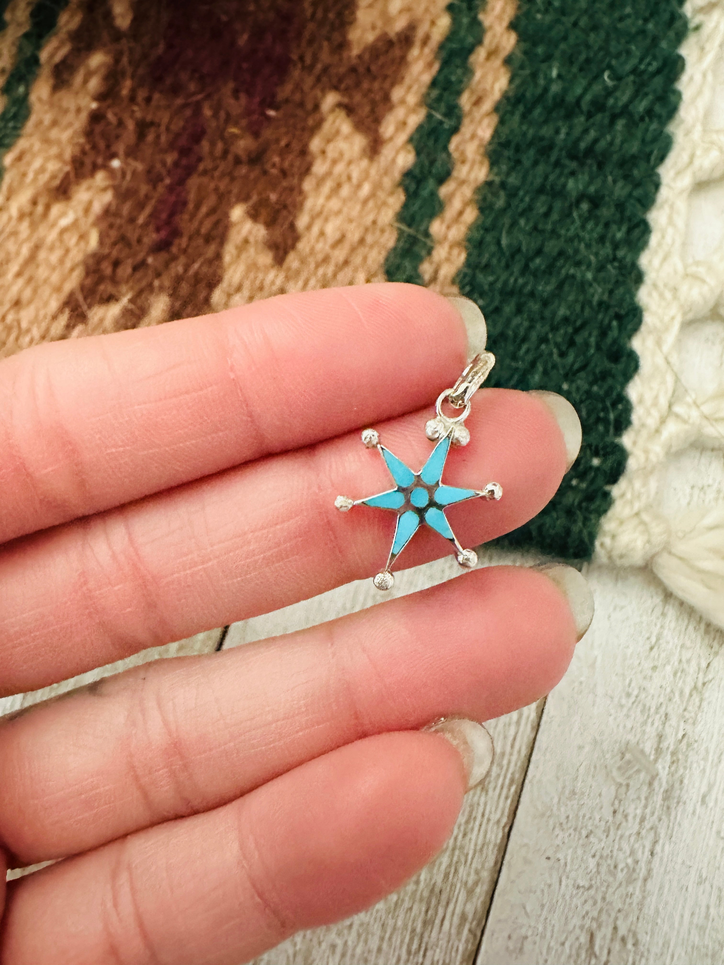 Zuni Sterling Silver & Turquoise Mini Star Pendant Signed