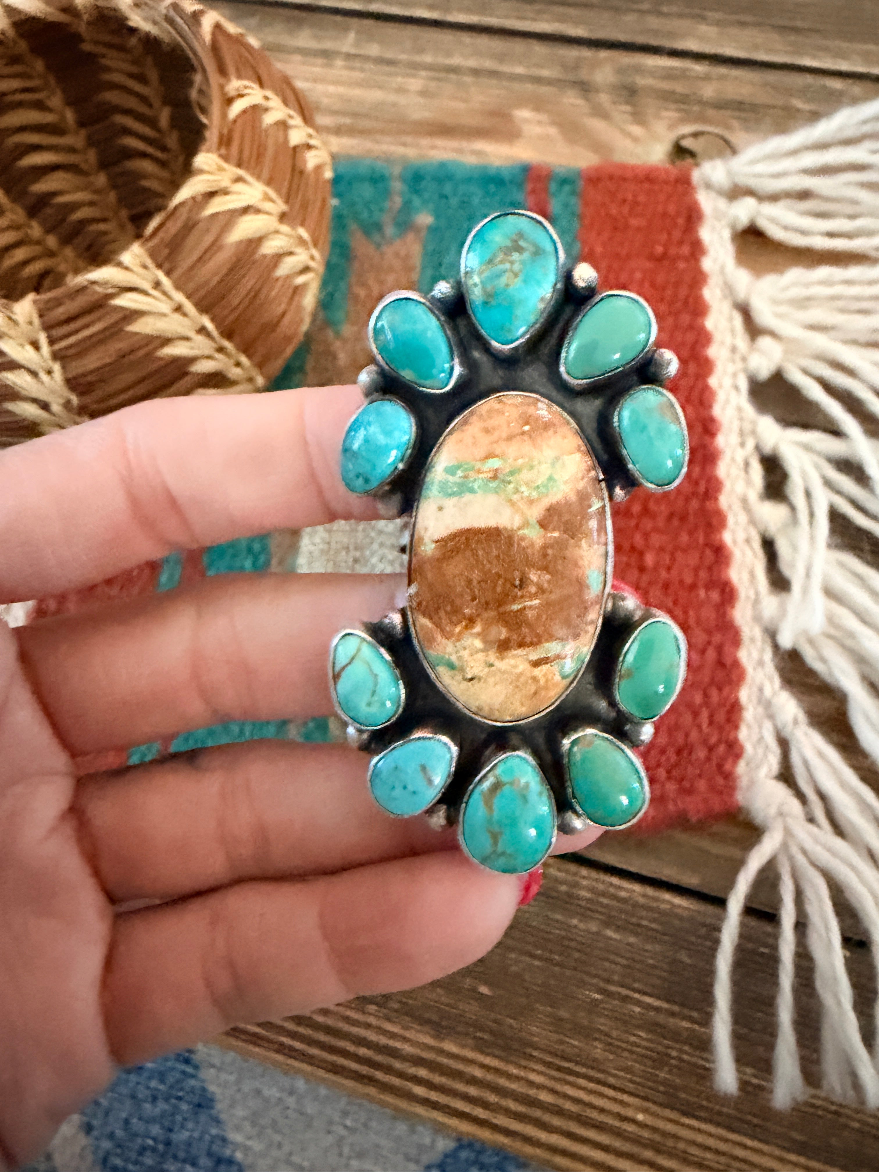 Handcrafted Multi Turquoise & Sterling Silver Ring Size 10.5 by Ella Peter