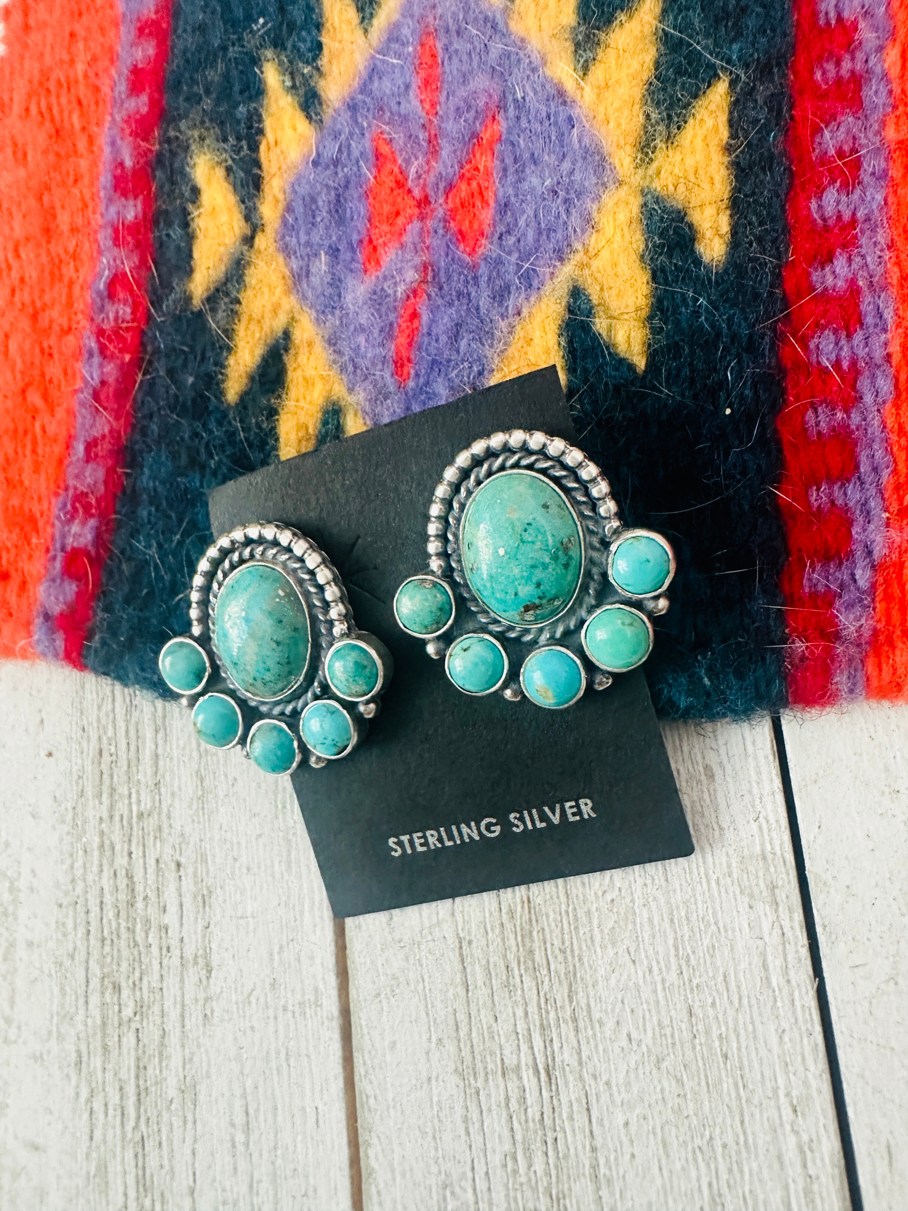 Navajo Sterling Silver & Kingman Turquoise Cluster Post Earrings