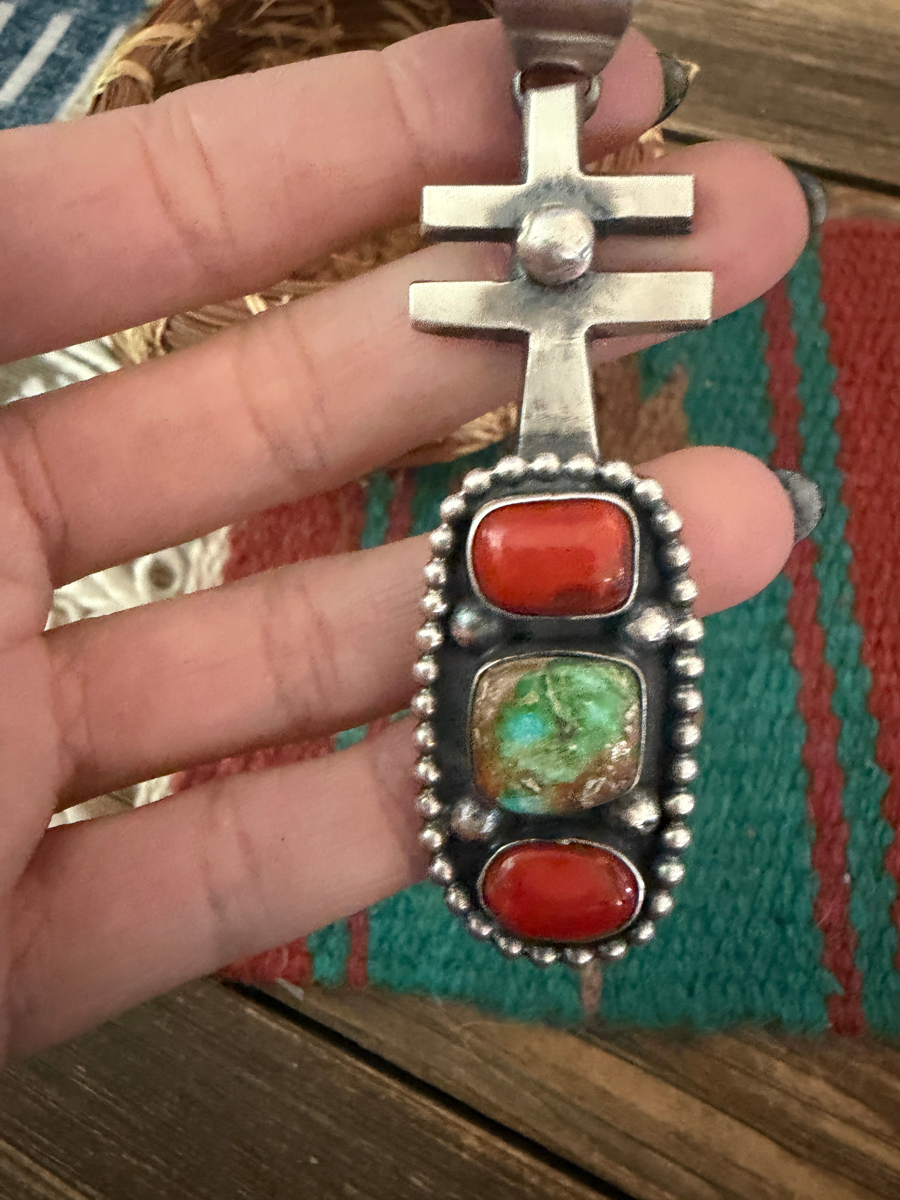 Handcrafted Sterling Silver, Coral & Sonoran Gold Turquoise Pendant by Chimney Butte
