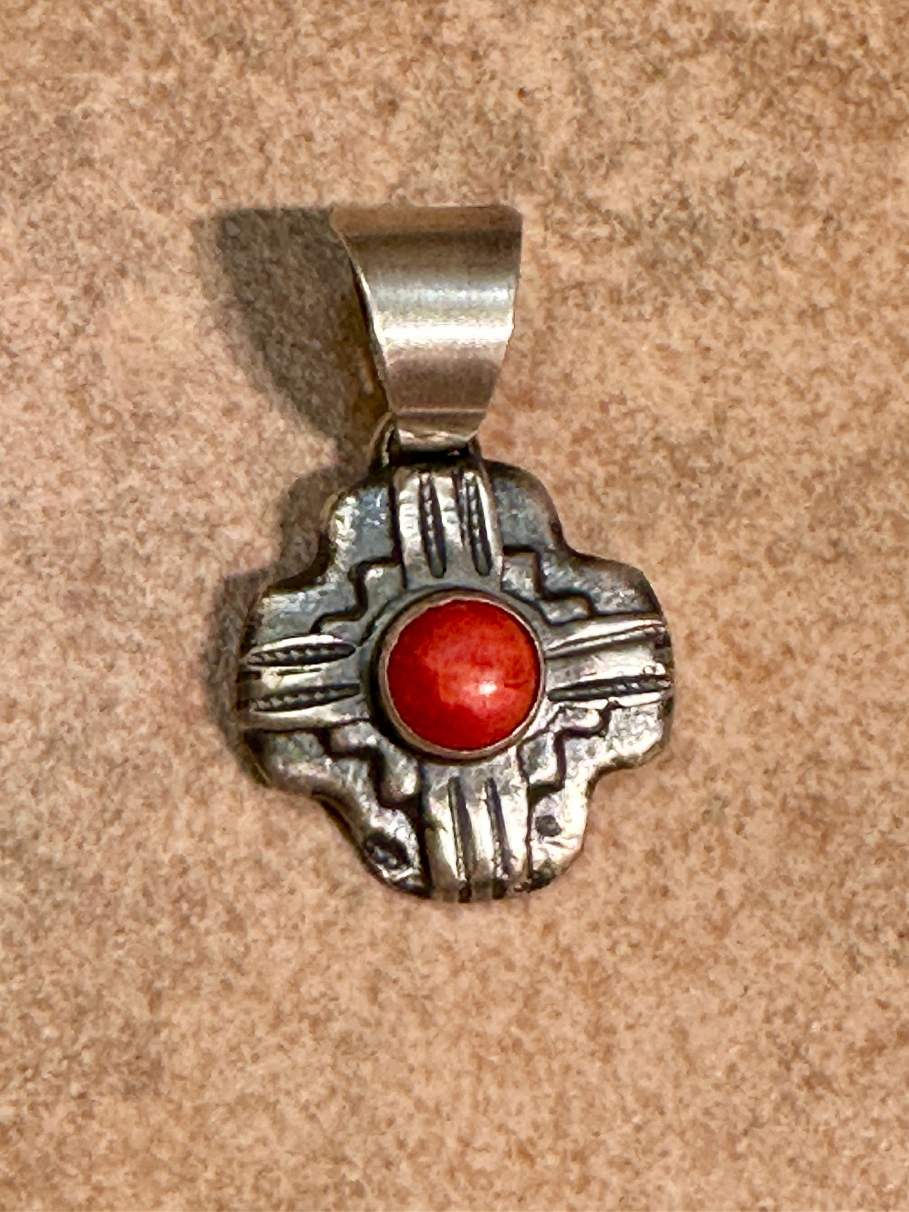 Navajo Sterling Silver Red Coral Zia Pendant By Chimney Butte