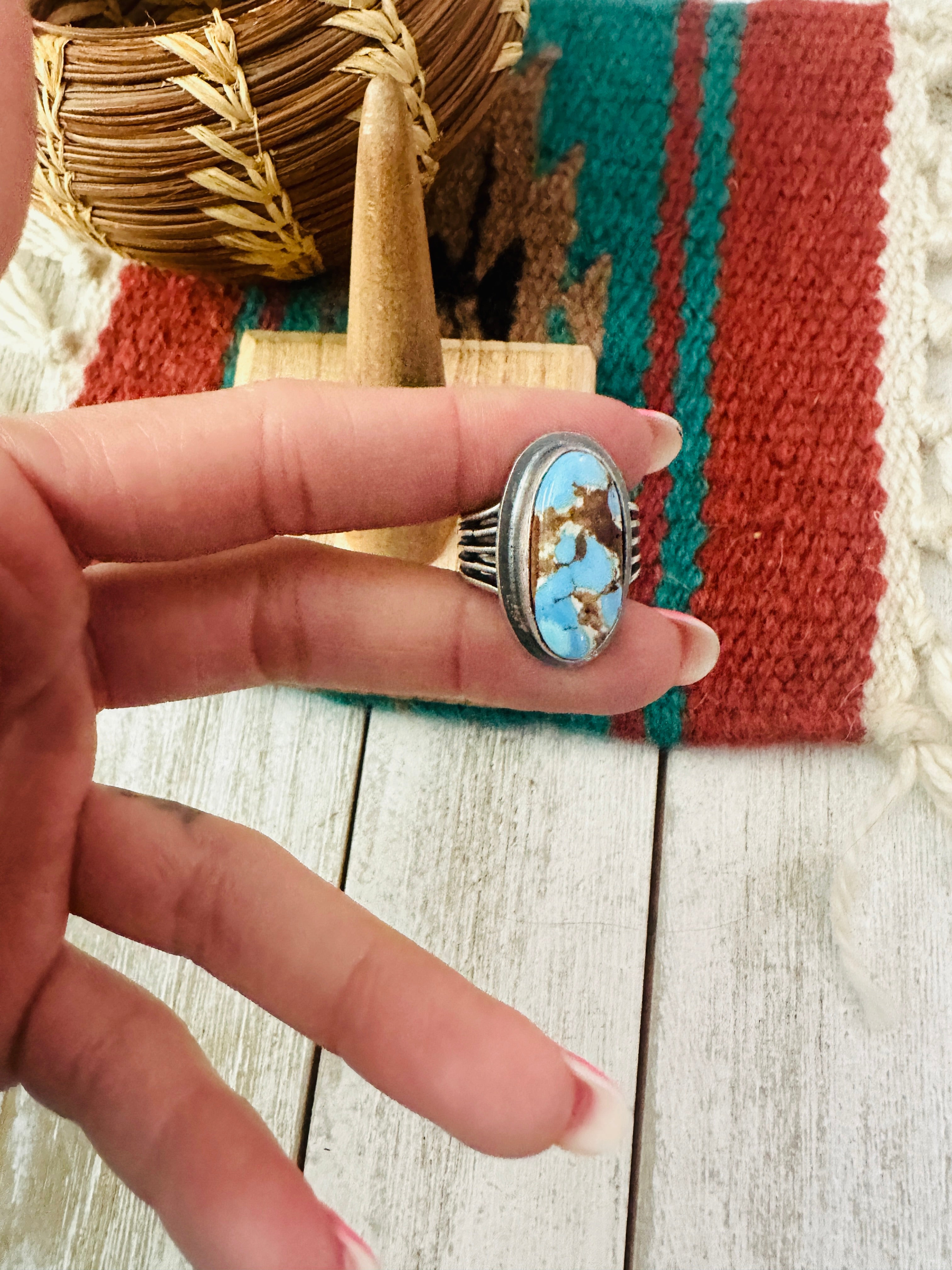 Navajo Golden Hills Turquoise & Sterling Silver Ring Size 6.5