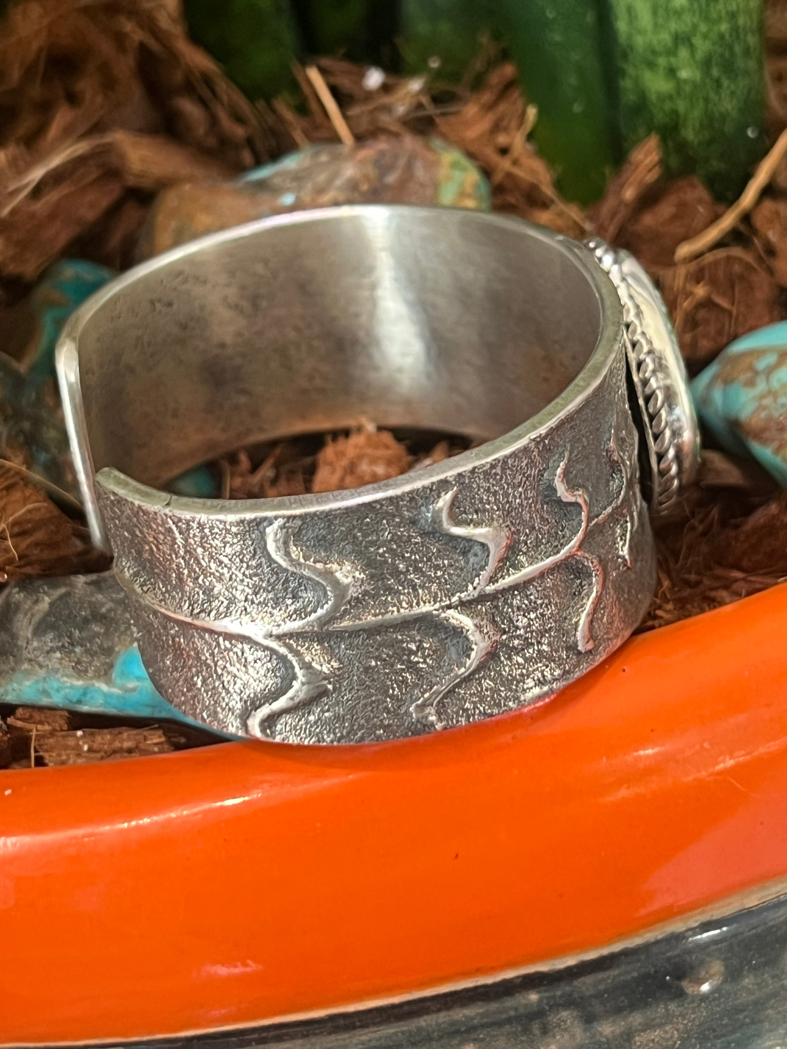 Handcrafted Sterling Silver Tufa Cast Corn Stalk Cuff with Sonoran Gold Turquoise by Gary Custer