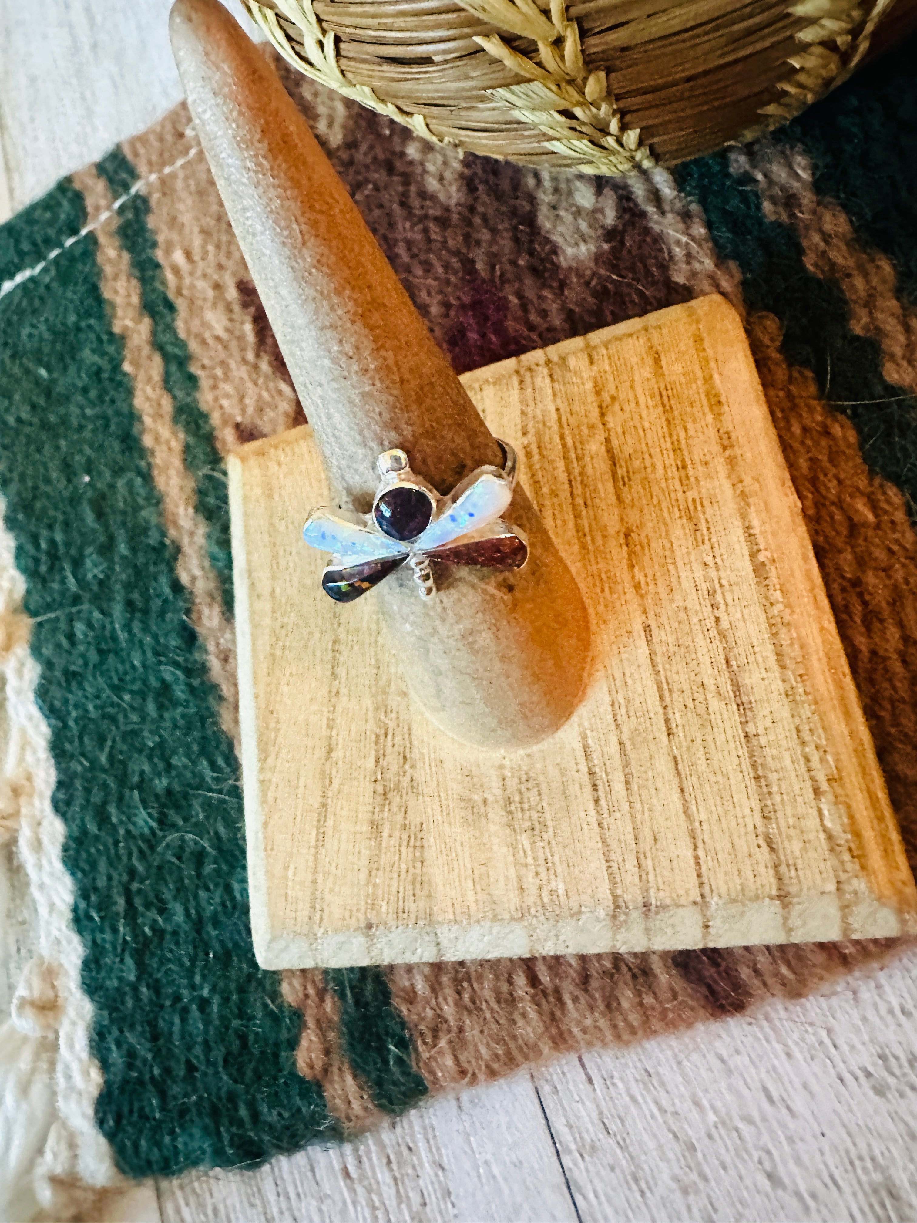 Navajo Sterling Silver, Brown & White Opal Dragonfly Ring