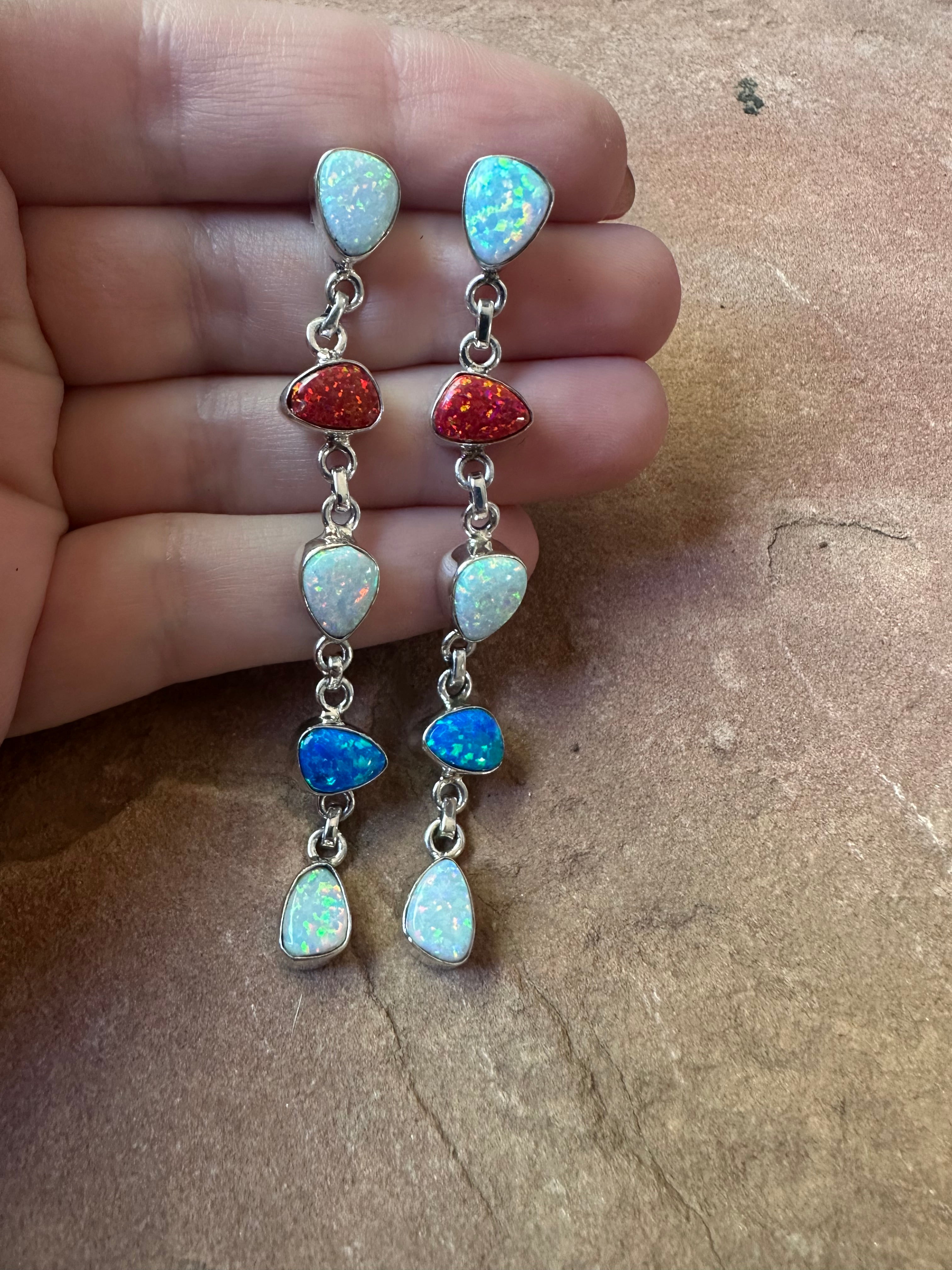 4th Of July Handmade Red, White & Blue Fire Opal and Sterling Silver Dangles