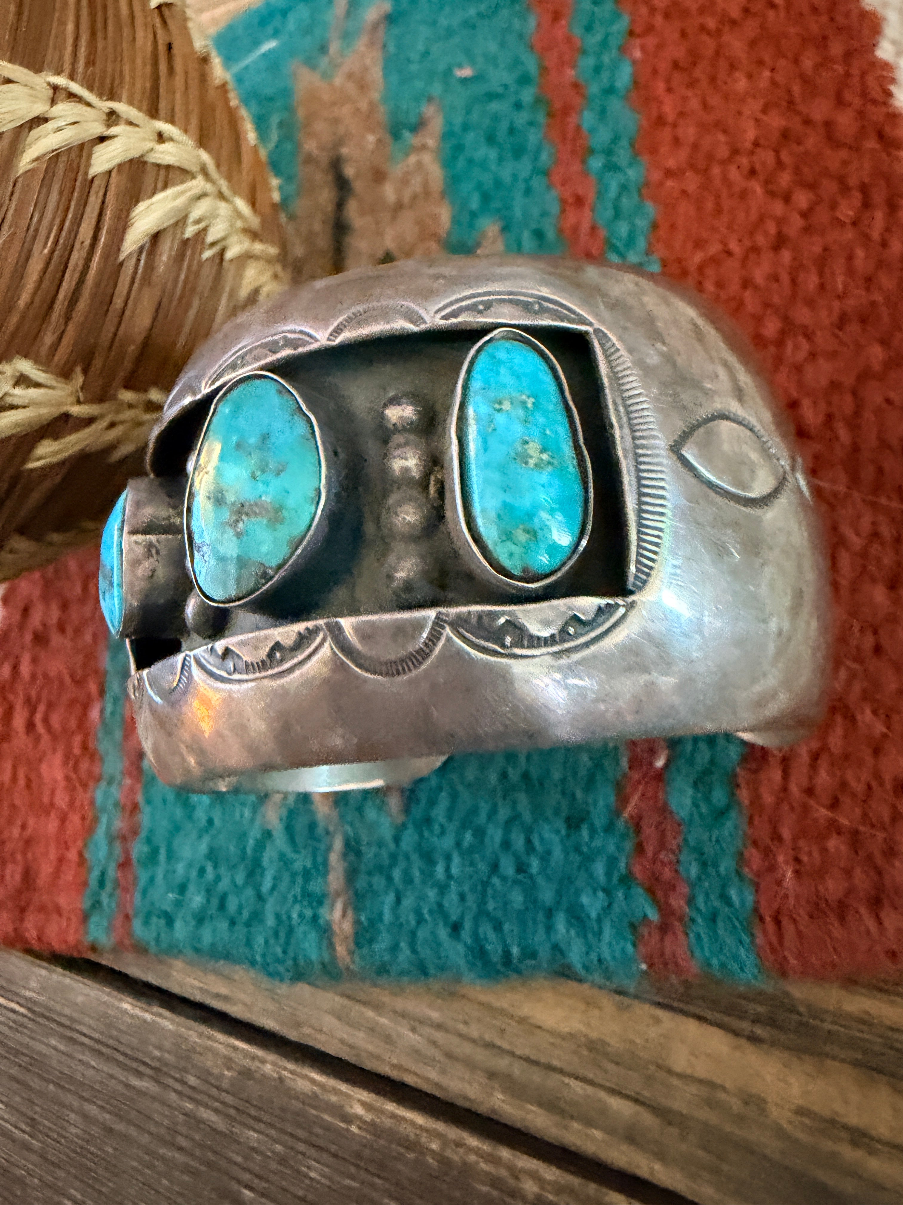 Handcrafted Old Pawn Sterling Silver & Multi Turquoise Shadowbox Cuff Bracelet