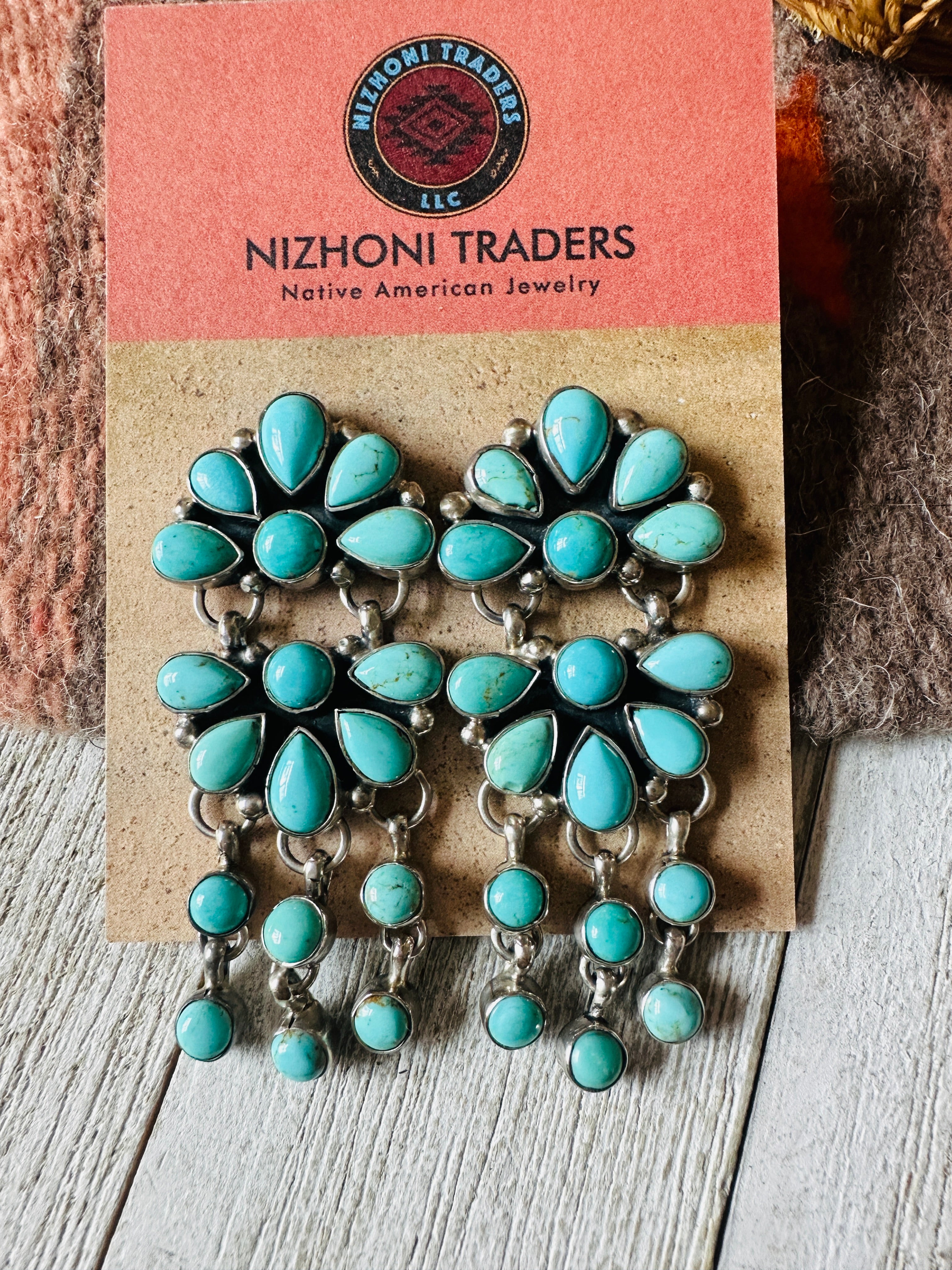 Navajo Turquoise & Sterling Silver Cluster Dangle Earrings