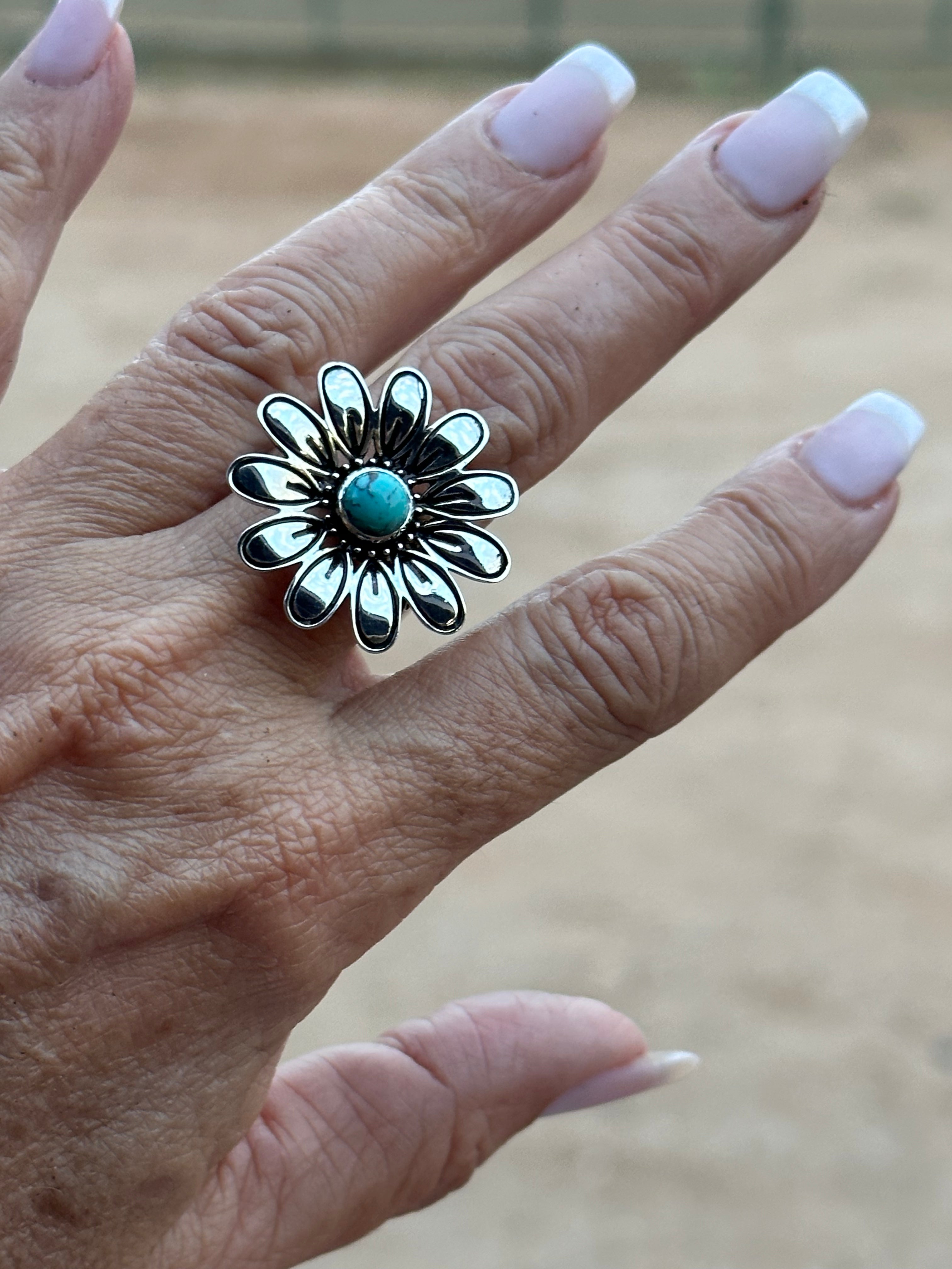 The Daisy Adjustable Turquoise and Sterling Silver Flower Ring