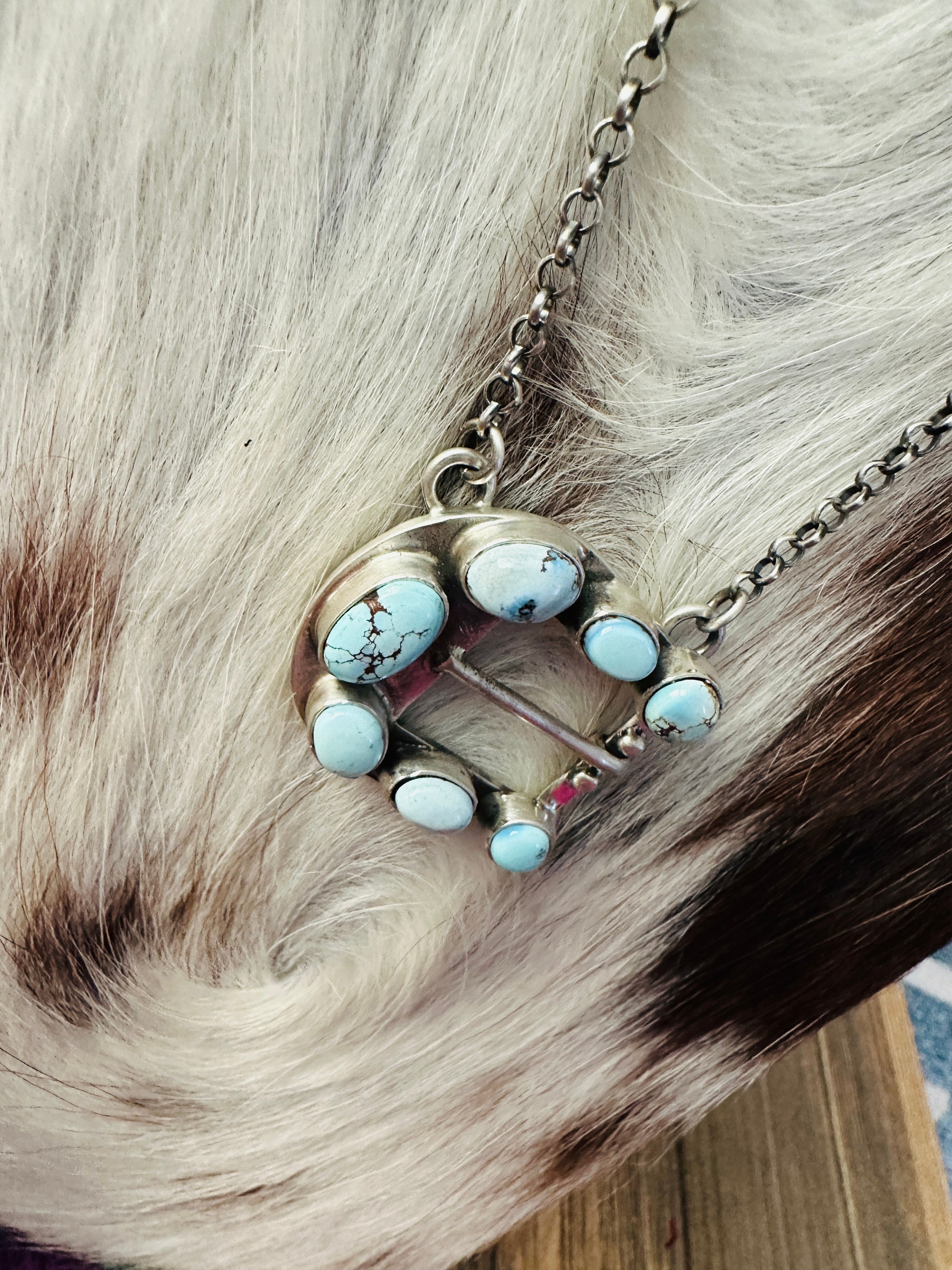 Handcrafted Golden Hills Turquoise & Sterling Silver Belt Buckle Necklace by Russell Sam