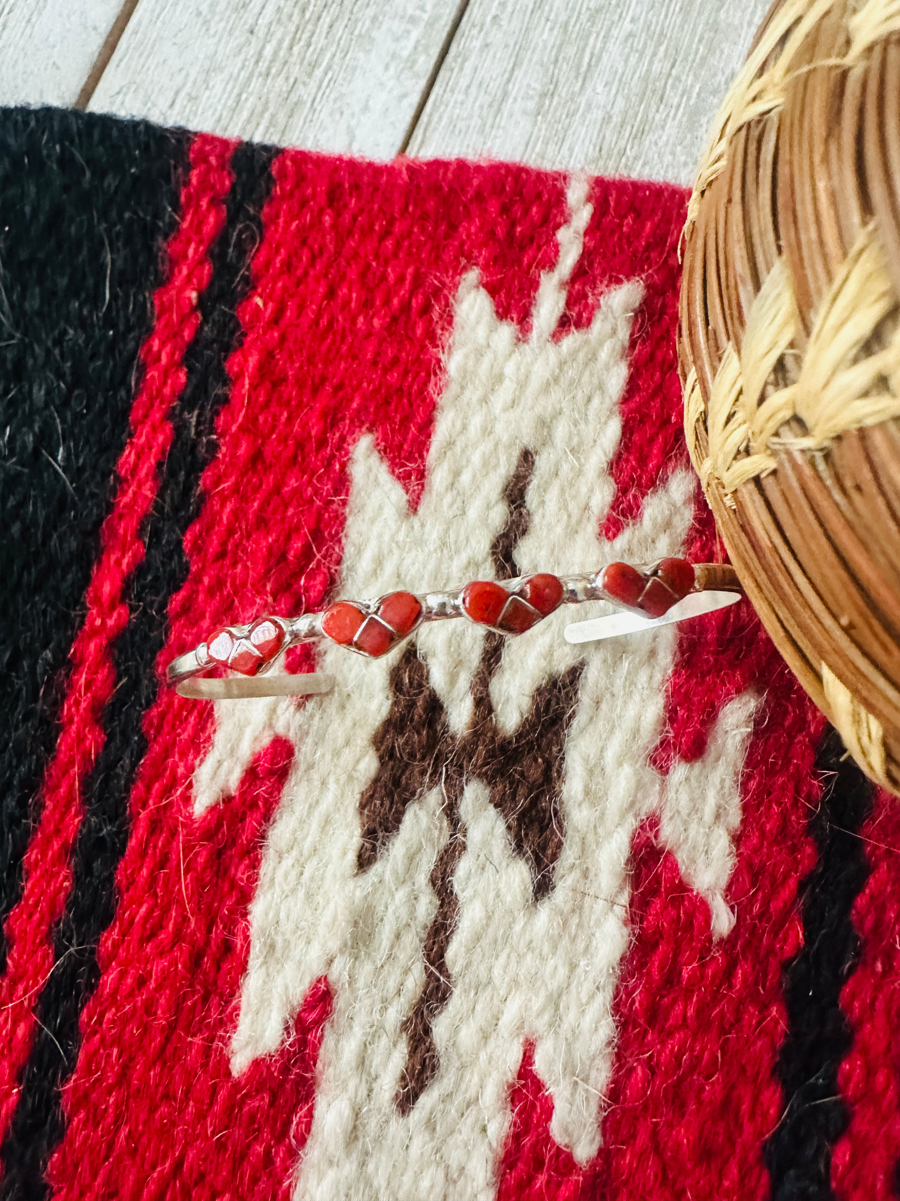 Zuni Sterling Silver & Coral Heart Inlay Cuff Bracelet