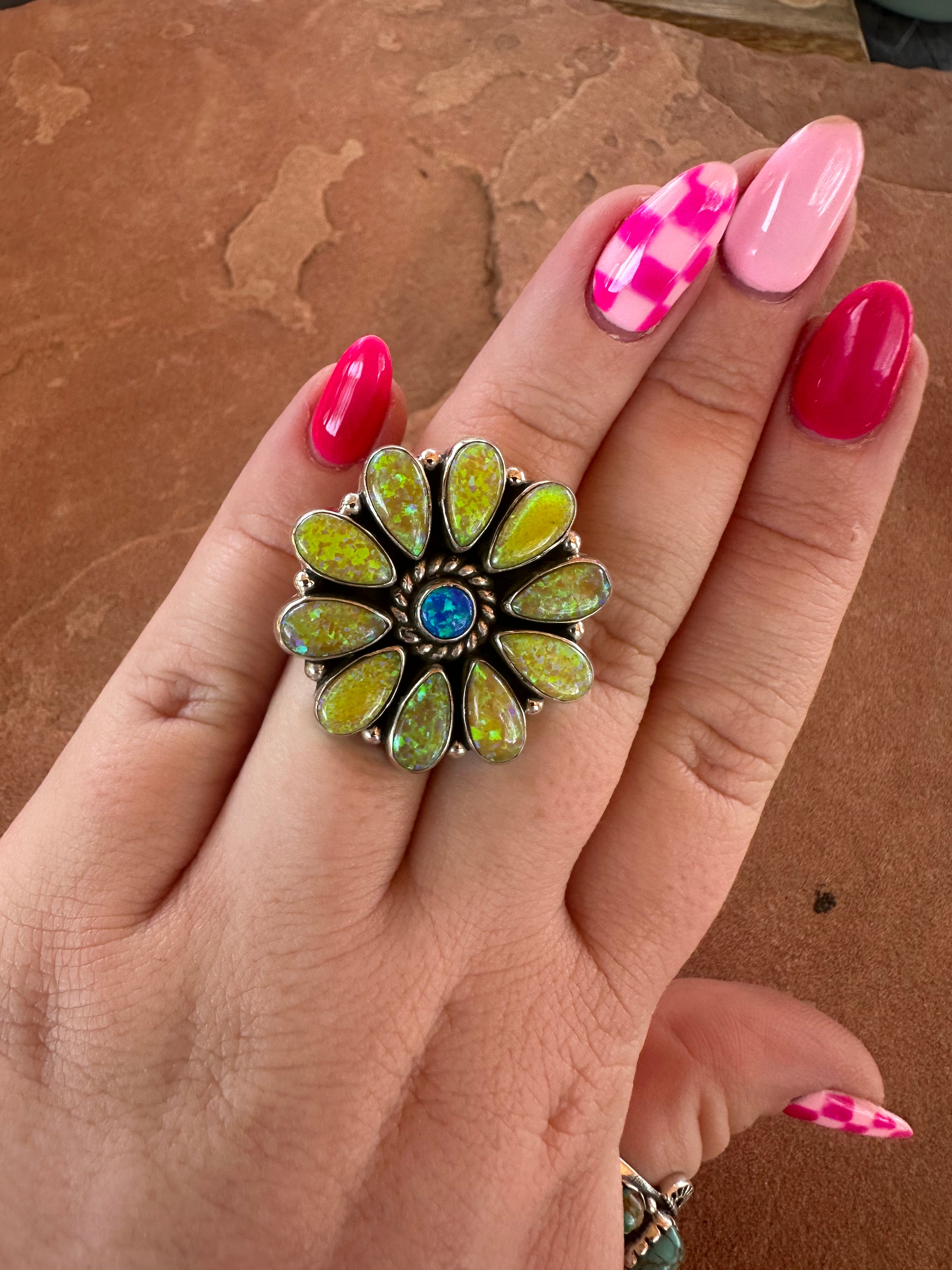 Beautiful Handmade Blue & Yellow Fire Opal And Sterling Silver Adjustable Flower Ring