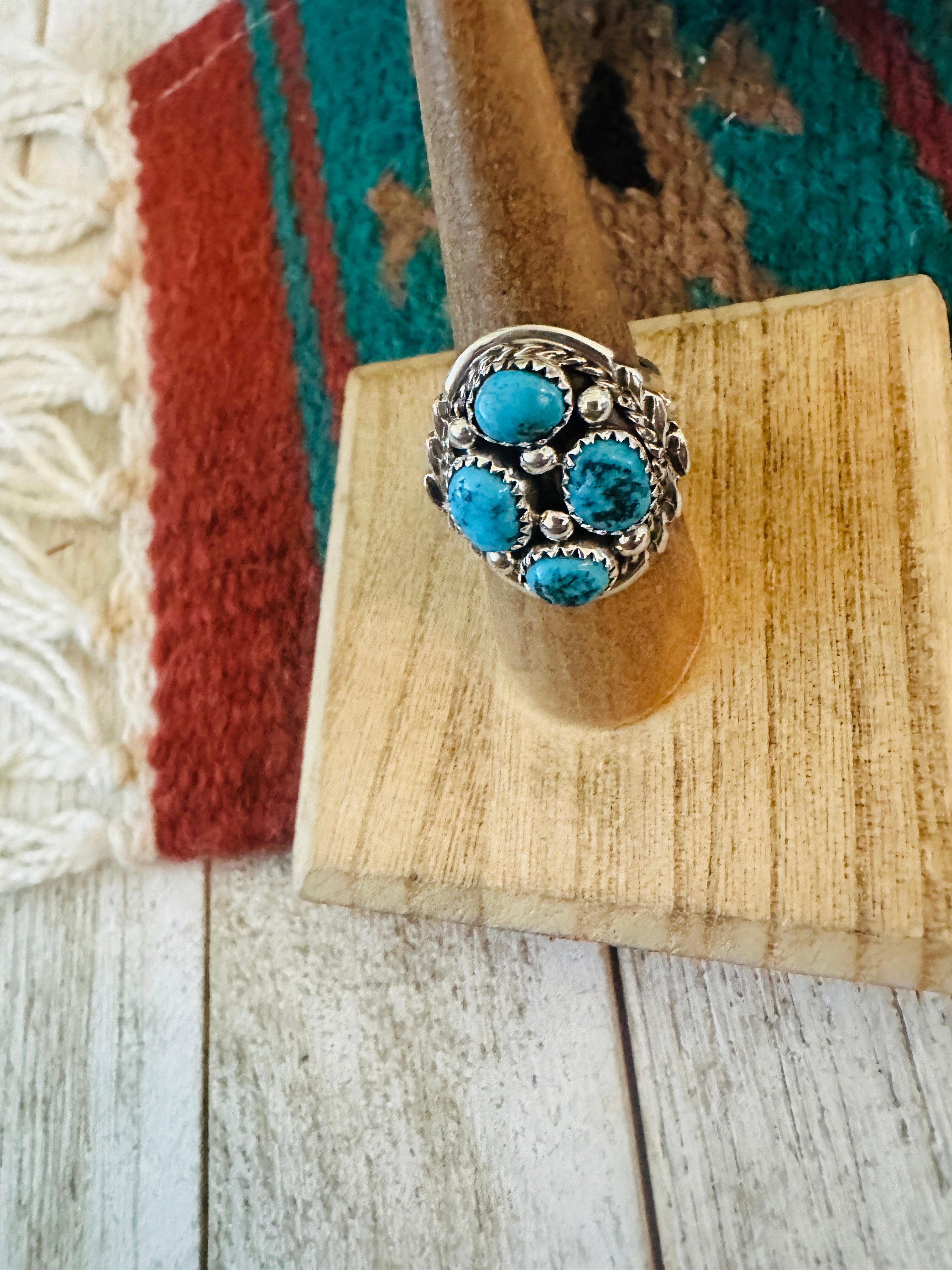 Handcrafted Turquoise & Sterling Silver Cluster Ring Size 7