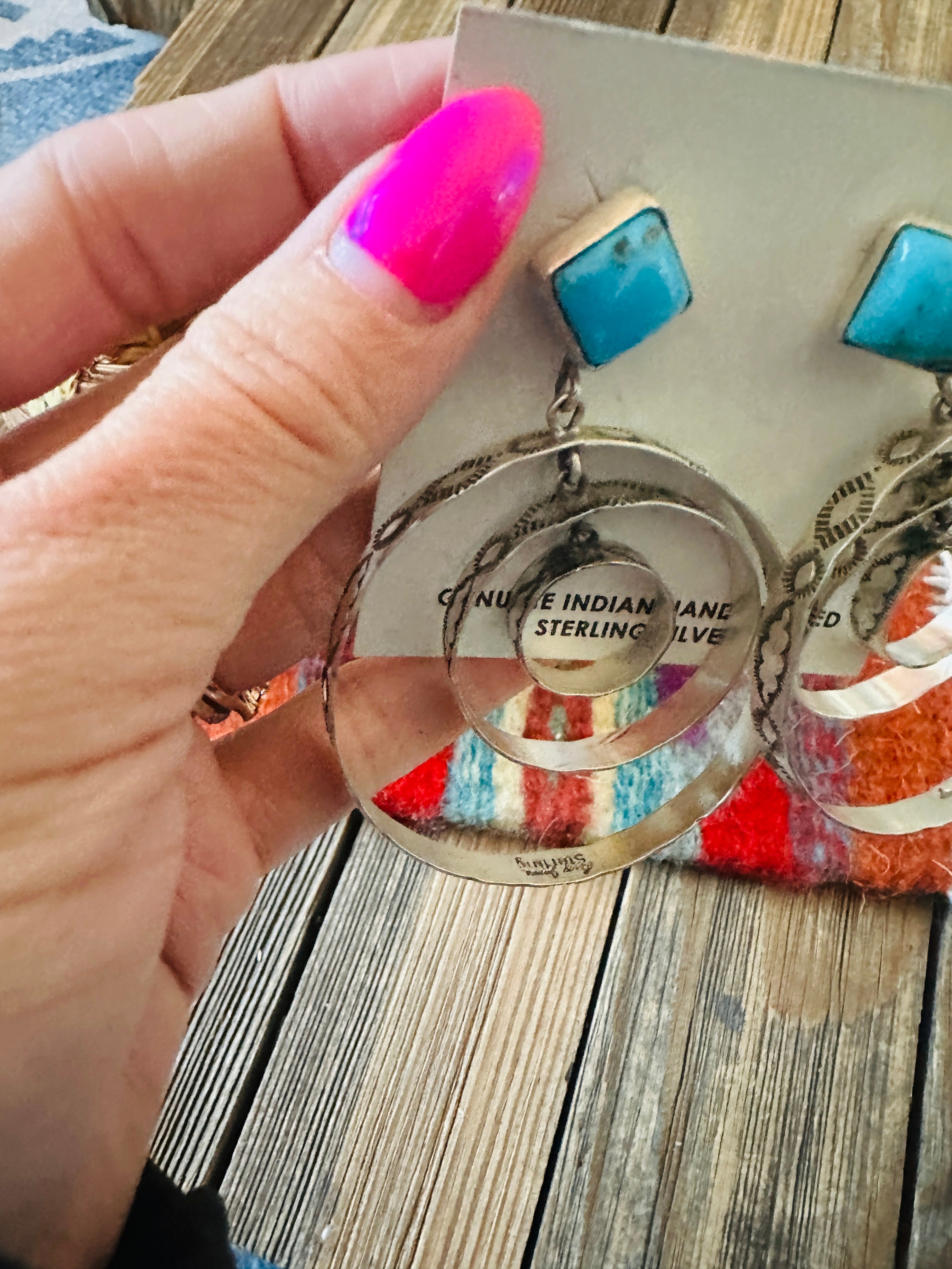 Handcrafted Turquoise & Sterling Silver Dangle Hoop Earrings by Leroy James