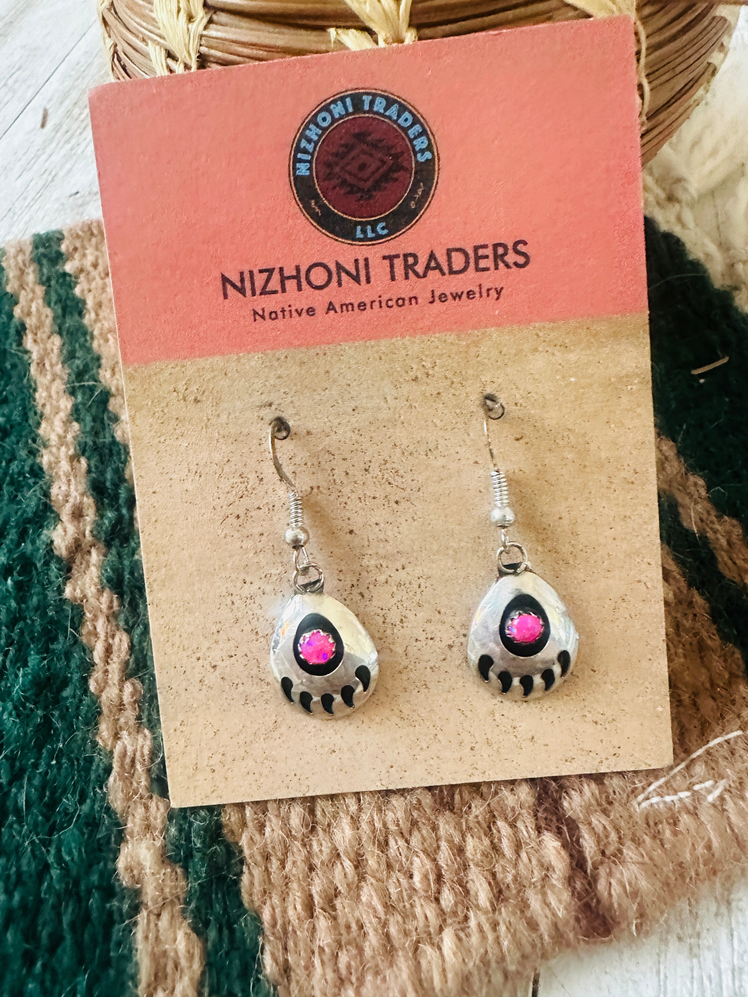 Navajo Pink Opal & Sterling Silver Bear Paw Dangle Earrings