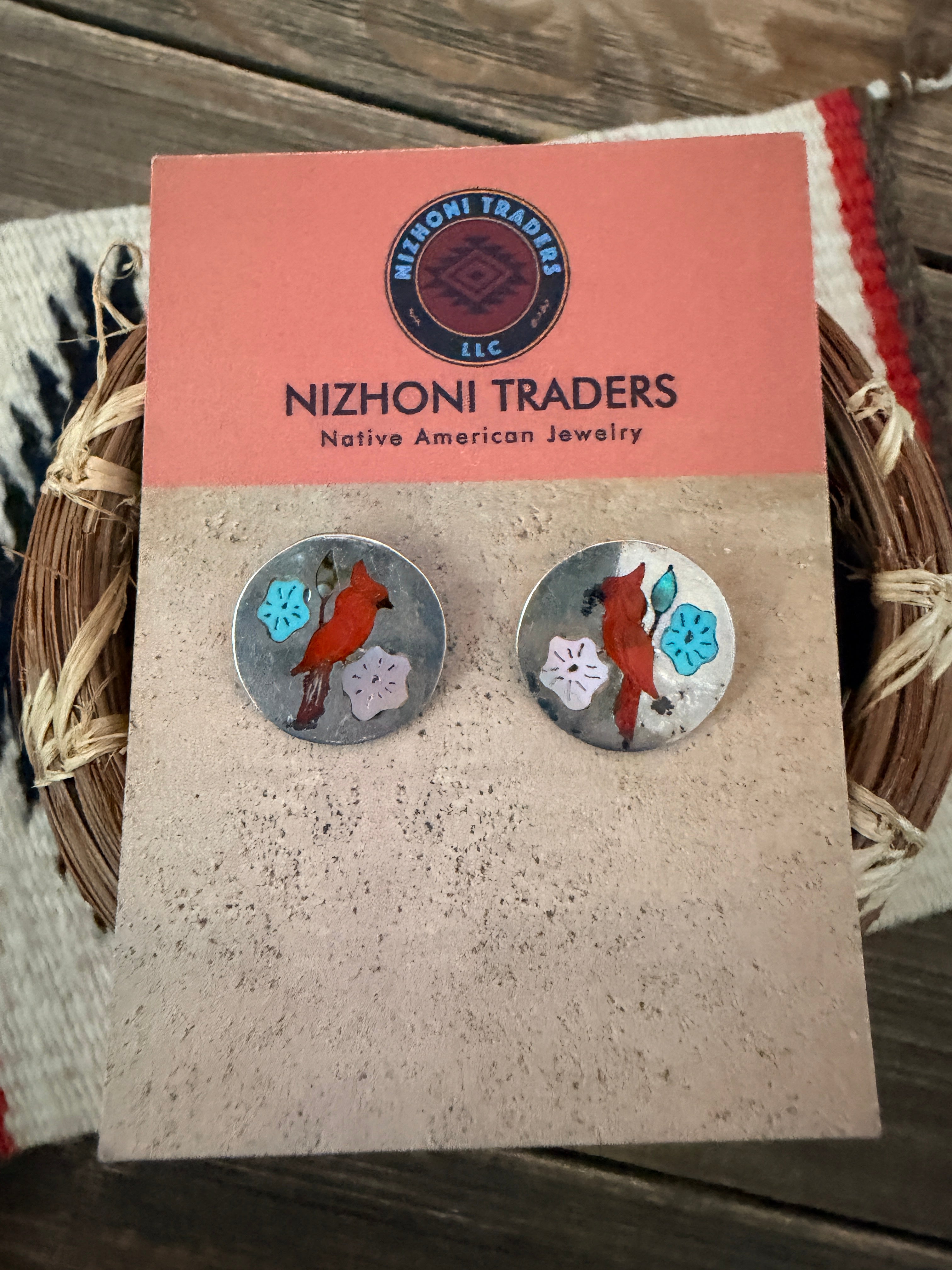 Old Pawn Handcrafted Sterling Silver & Multi Stone Inlay Cardinal Stud Earrings