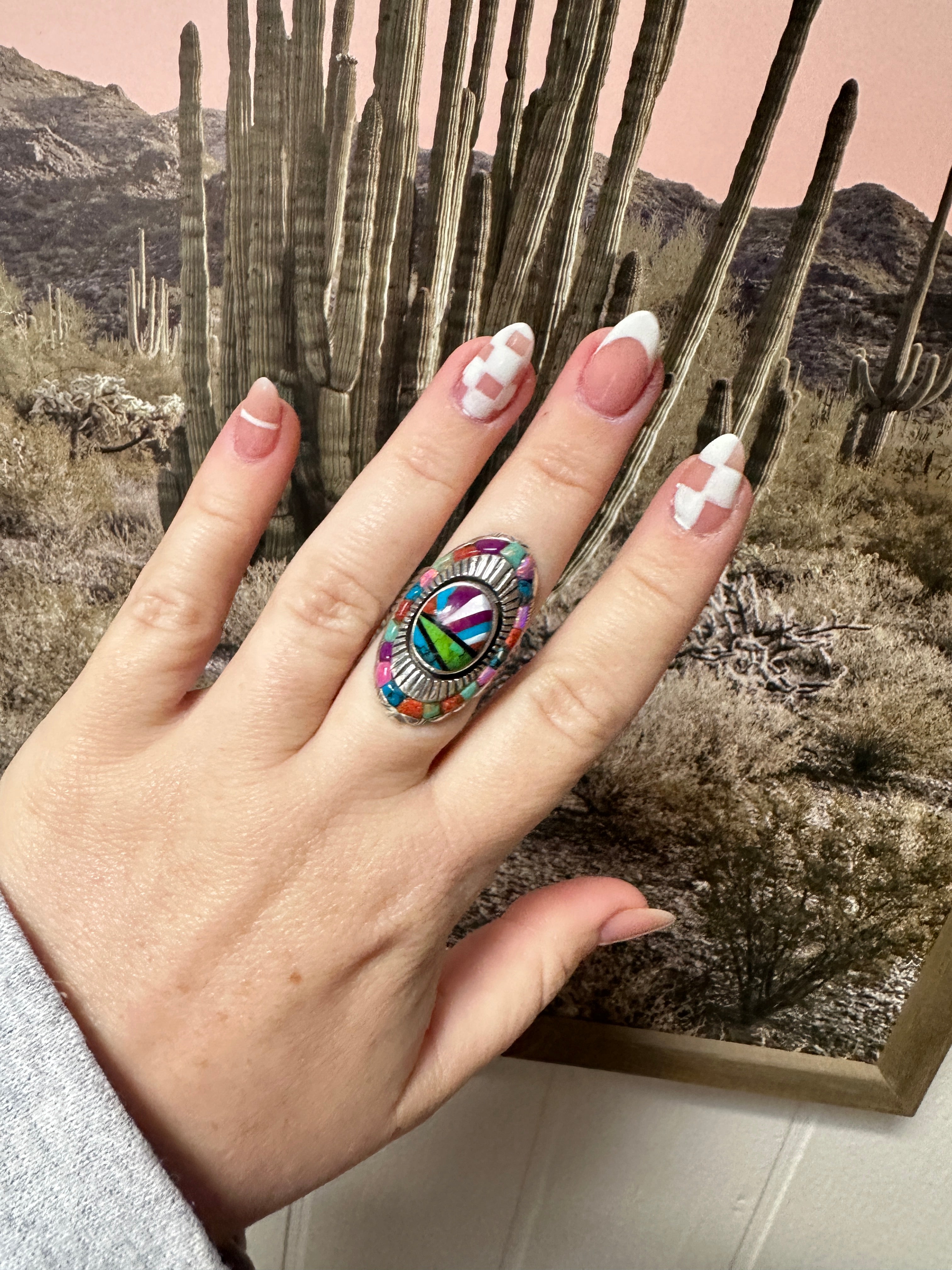 Handmade Sterling Silver & Multi Stone Inlay Adjustable Ring