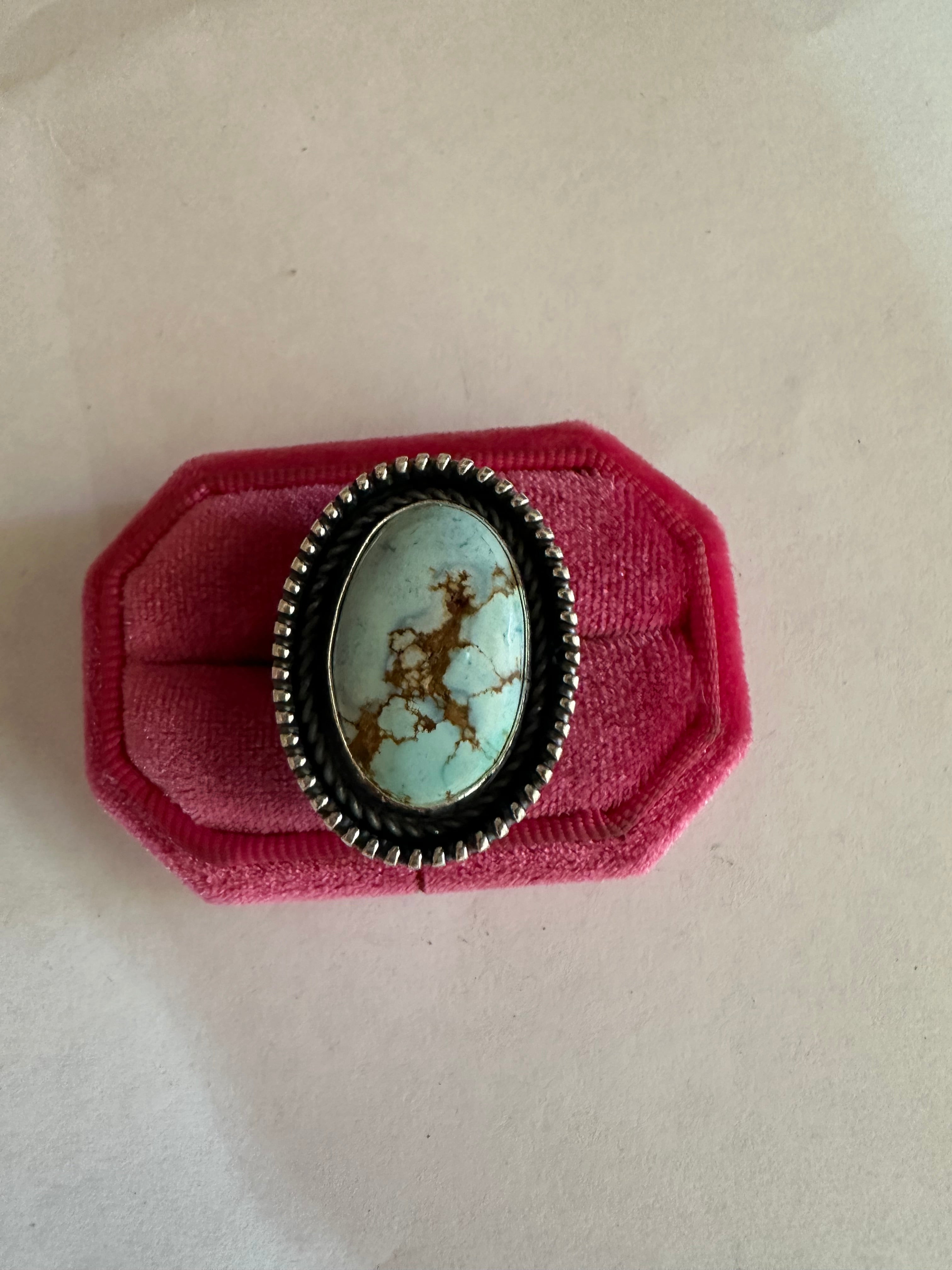 Beautiful Navajo Sterling Silver & Single Stone Golden Hills Turquoise Adjustable Ring Signed