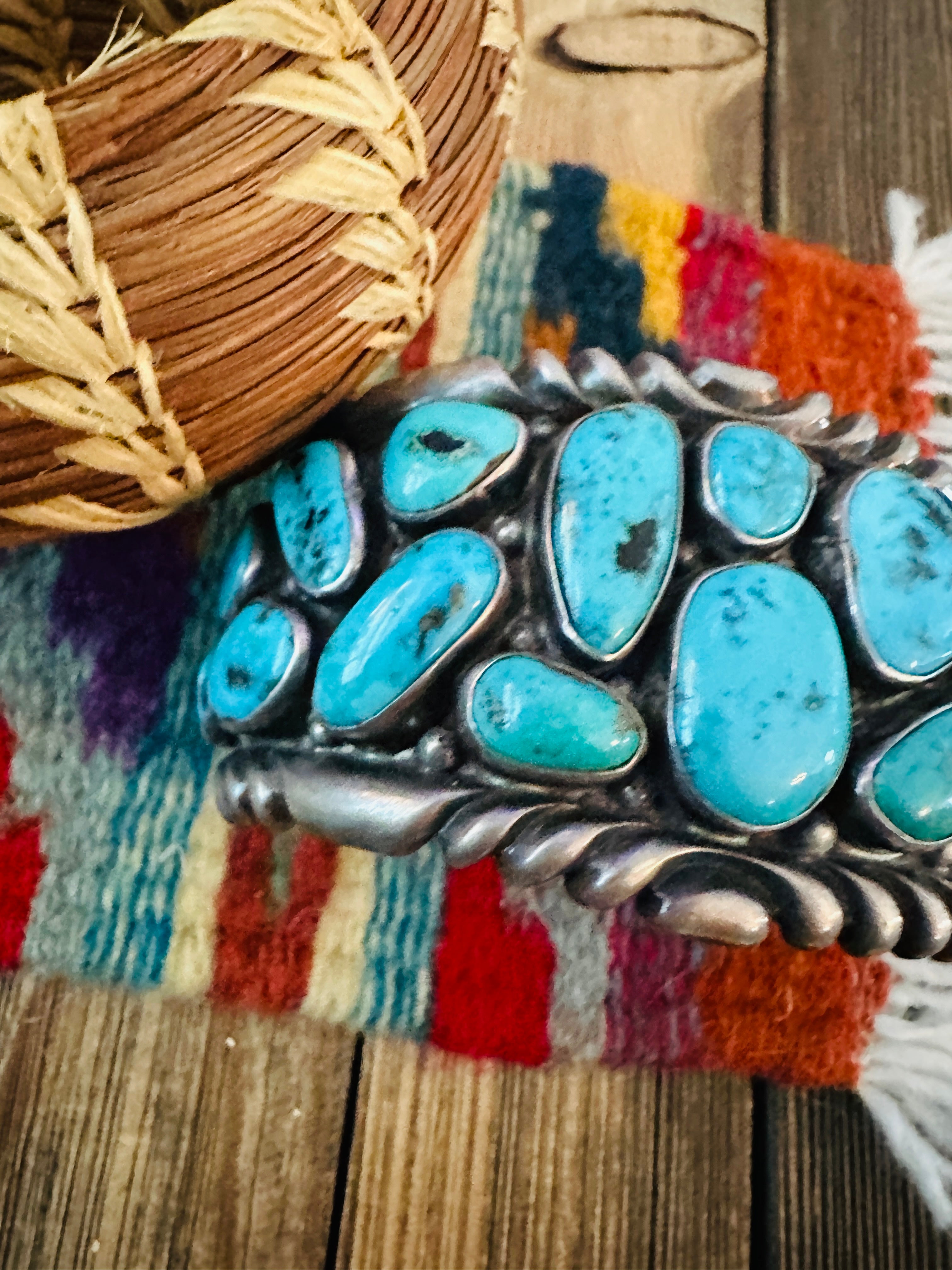 Handcrafted Old Pawn Sterling Silver & Turquoise Cluster Cuff Bracelet