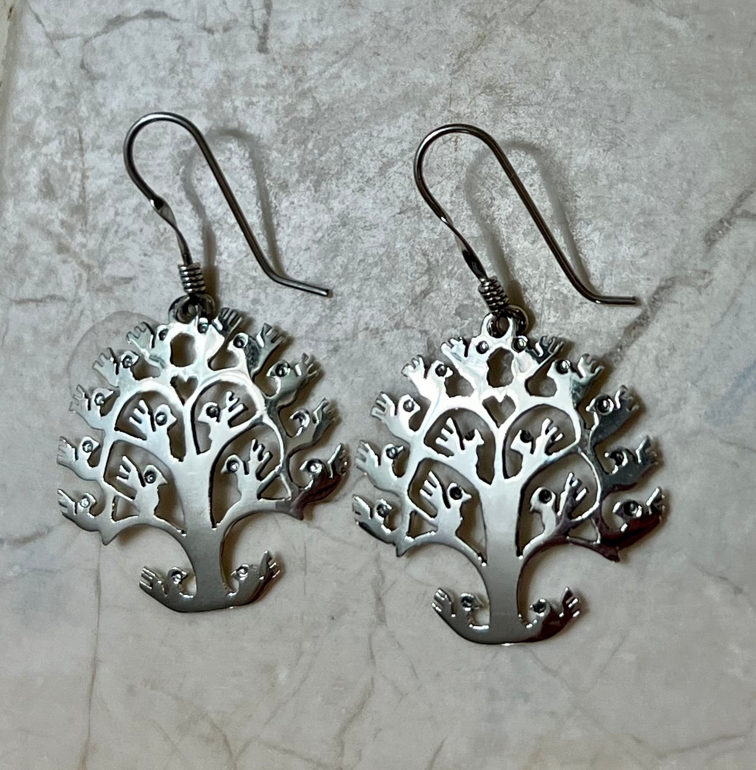 Birds in Tree of Life Sterling Silver Earrings