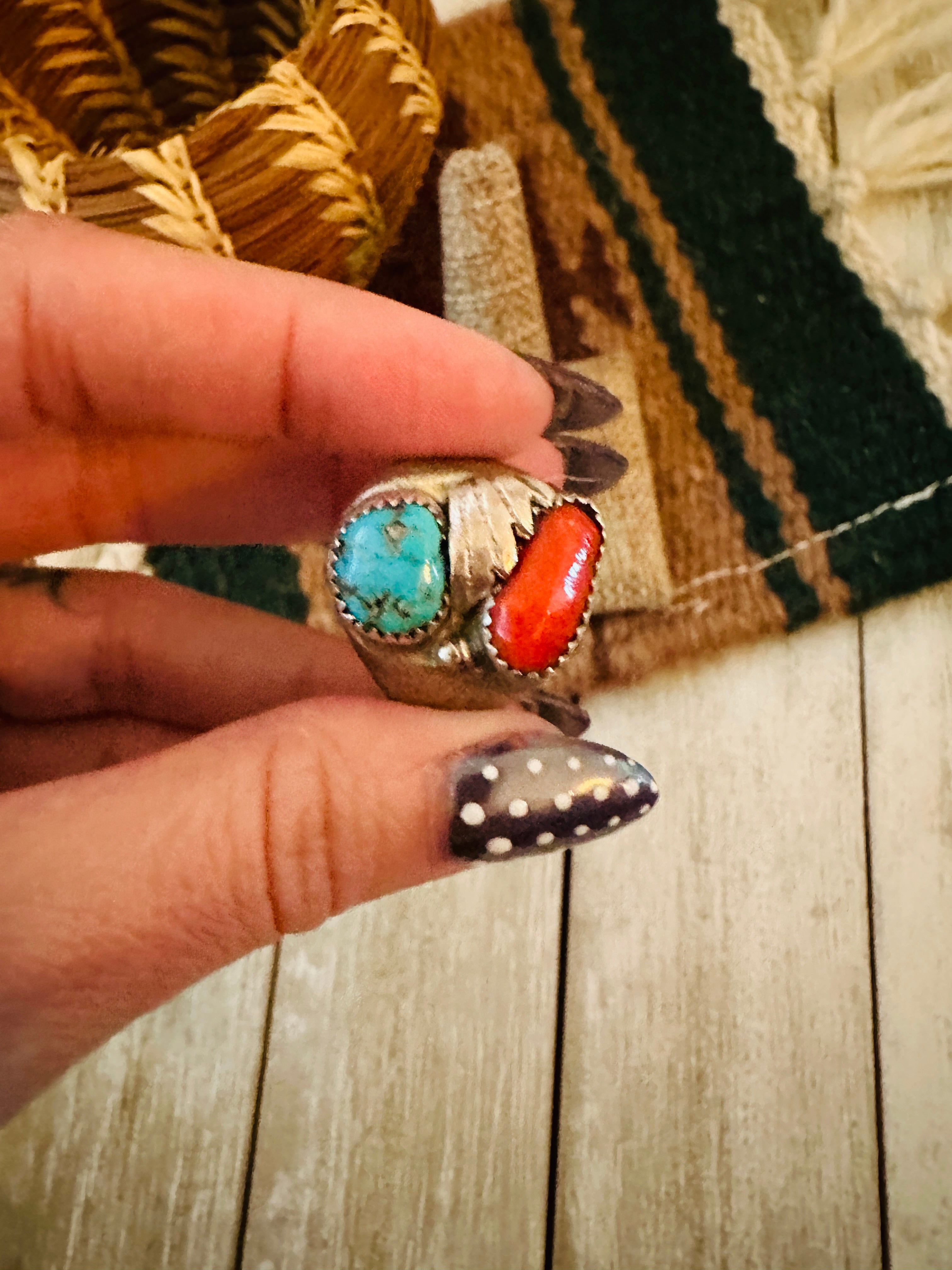 Old Pawn Handcrafted Turquoise, Coral & Sterling Silver Ring Size 11.75