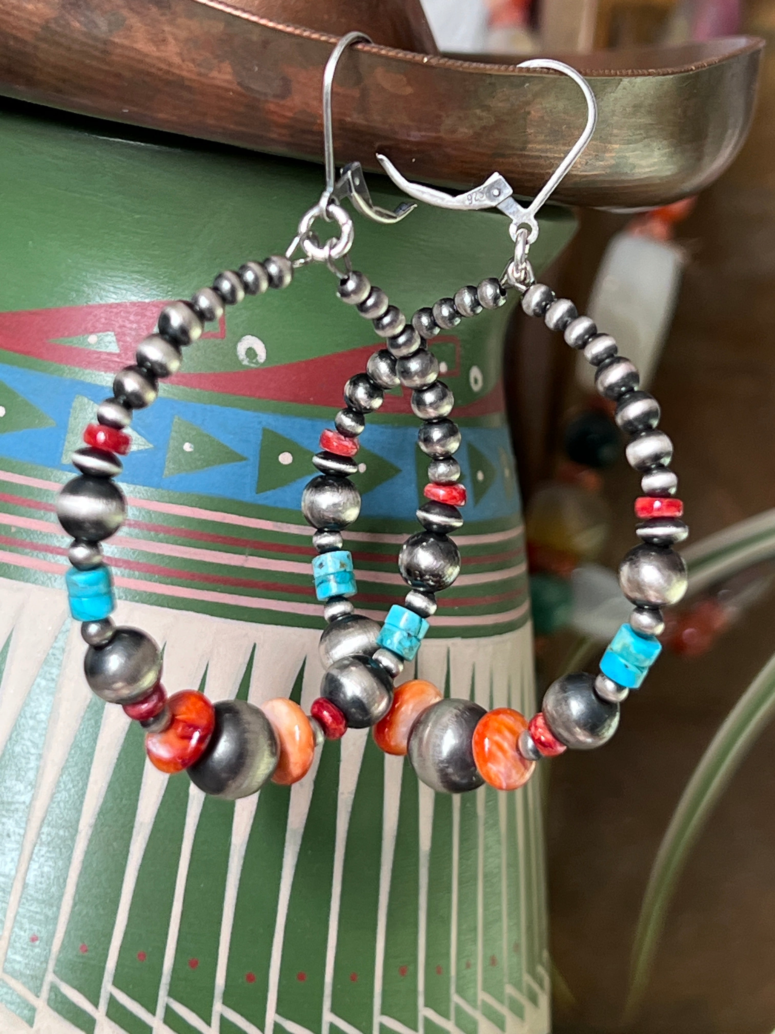Handcrafted Electric Rainbow Sterling Silver, Turquoise & Spiny Oyster Beaded Hoop Earrings, Leverback