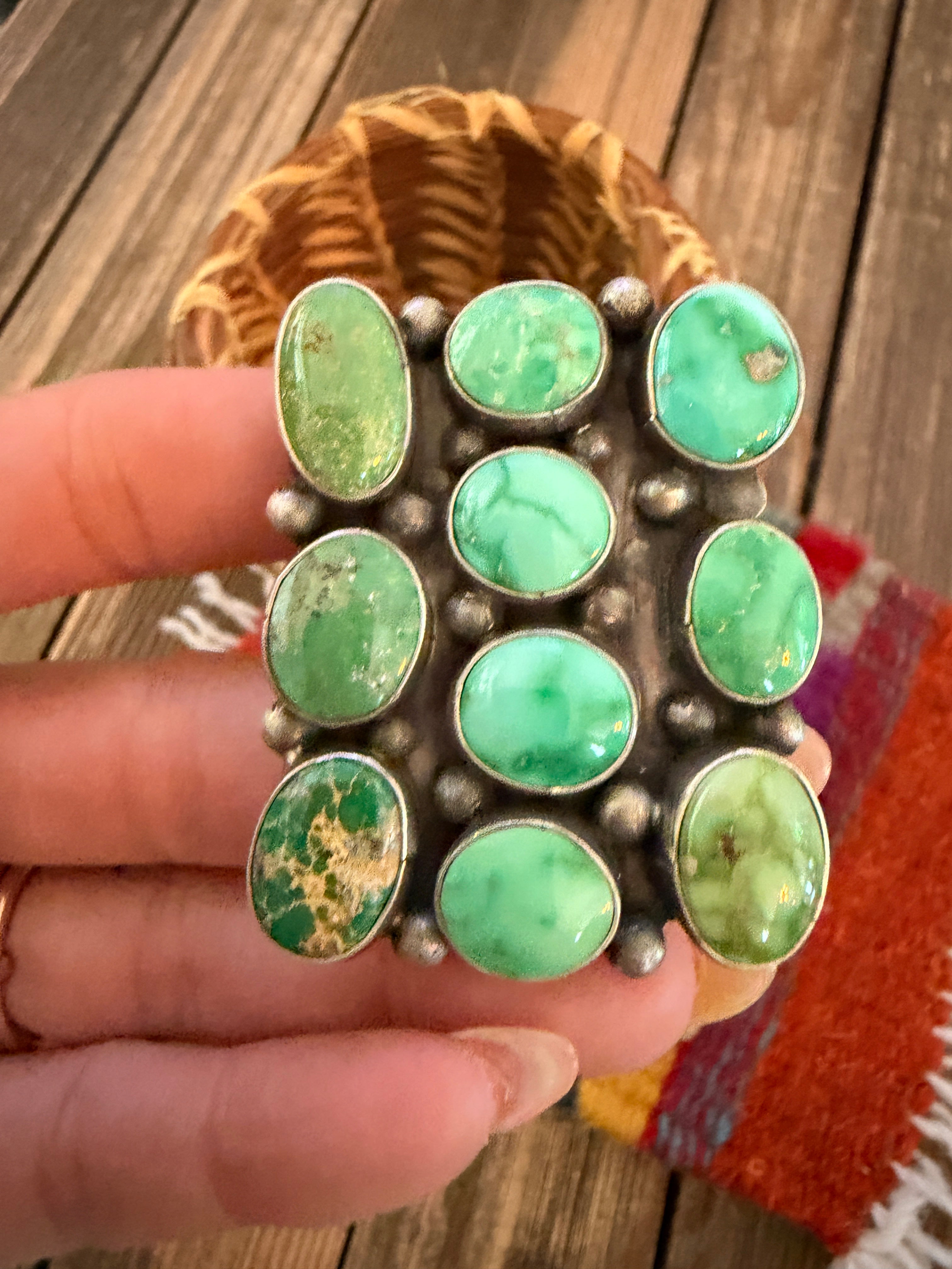 Handcrafted Sonoran Mountain Turquoise & Sterling Silver Cluster Ring Size 8 Sheila Becenti