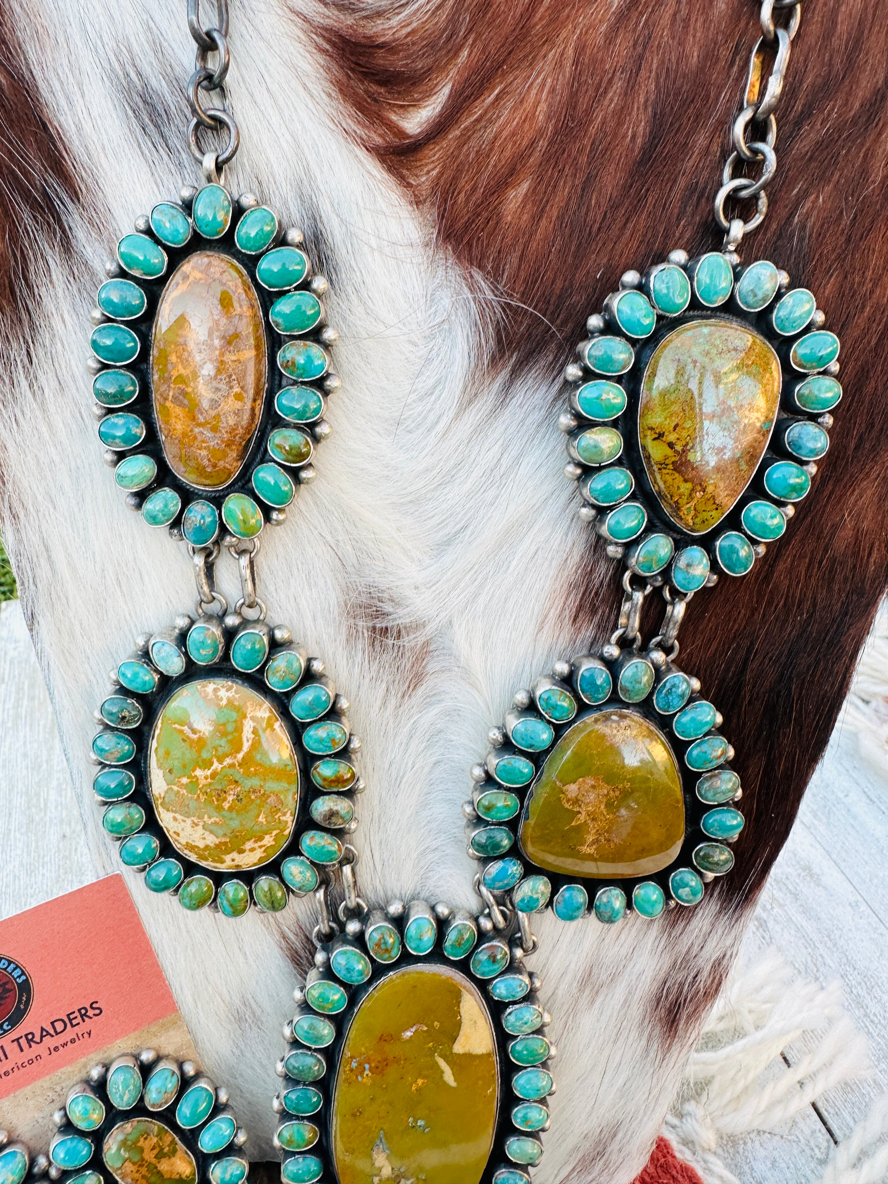 Handcrafted Royston, Kingman Turquoise & Sterling Silver Necklace and Earring Set by Blaine Yellowhorse