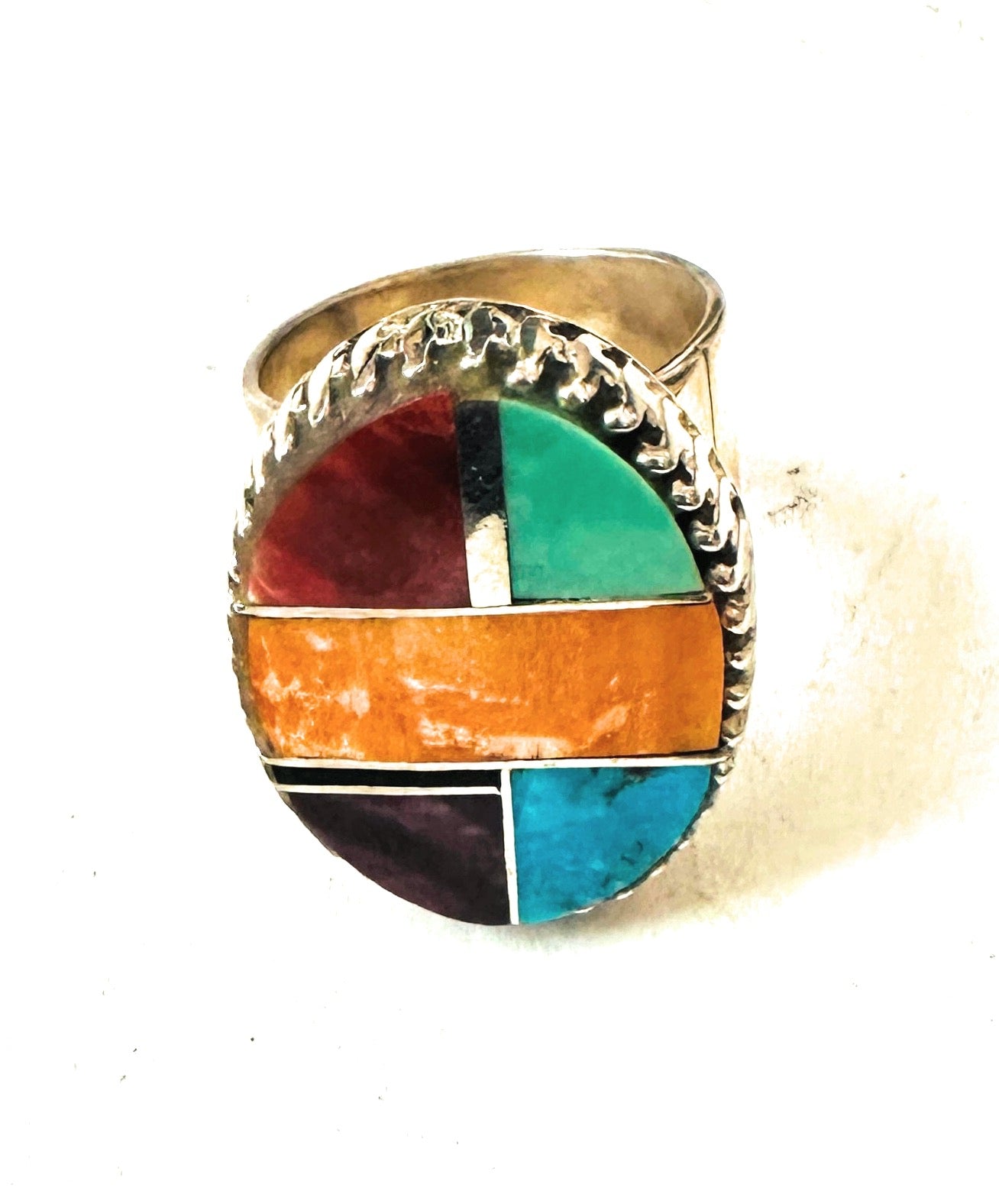 Navajo Sterling Silver & Multi Stone Inlay Adjustable Ring