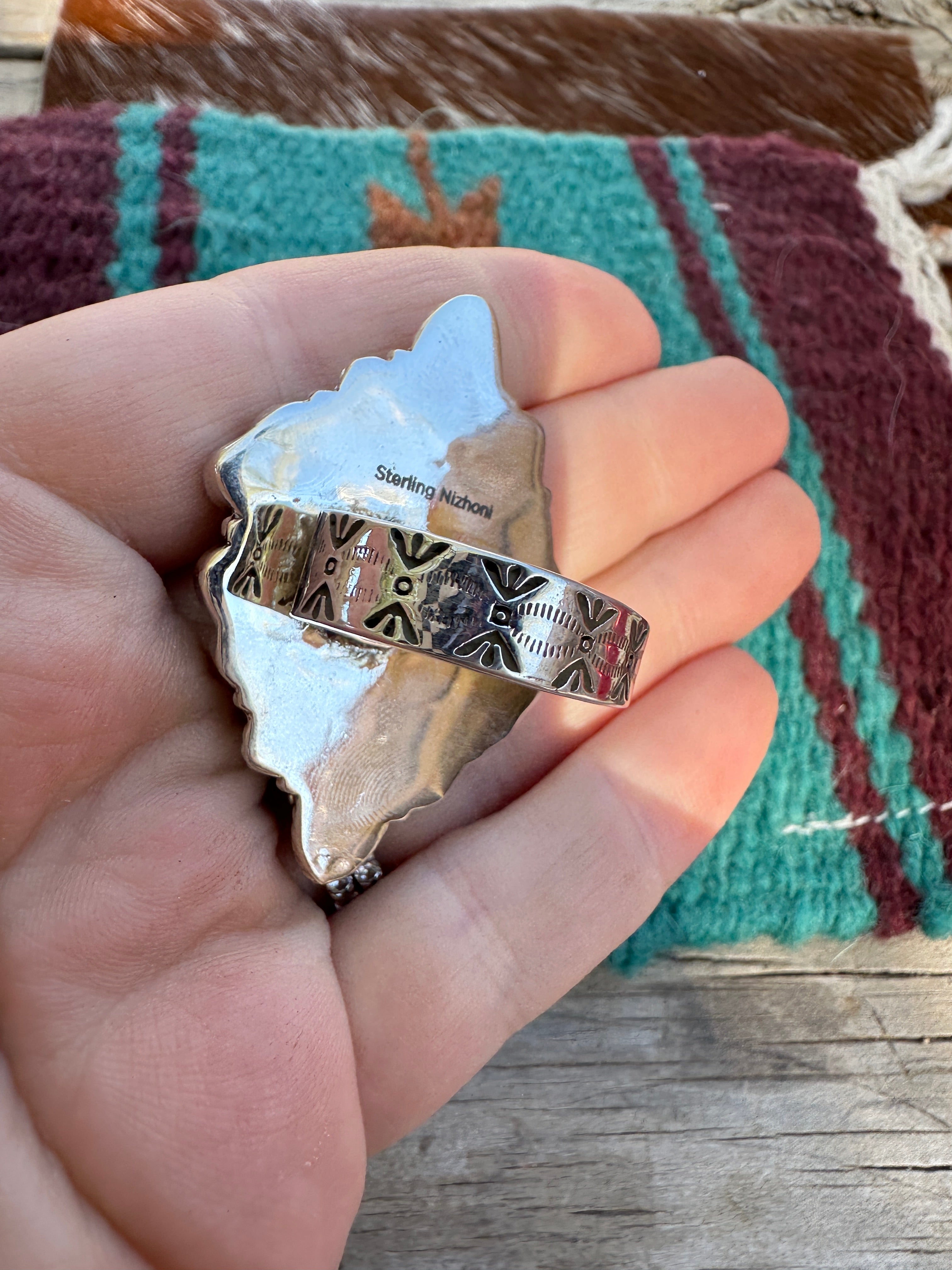 Beautiful Handmade Coral, Sonoran Turquoise And Sterling Silver Adjustable Heart Ring