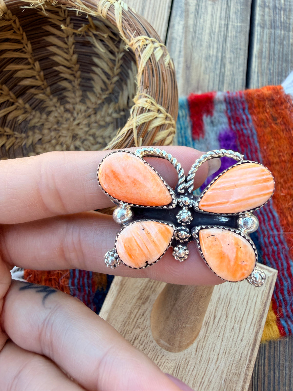 Handcrafted Spiny Oyster & Sterling Silver Butterfly Ring Size 9