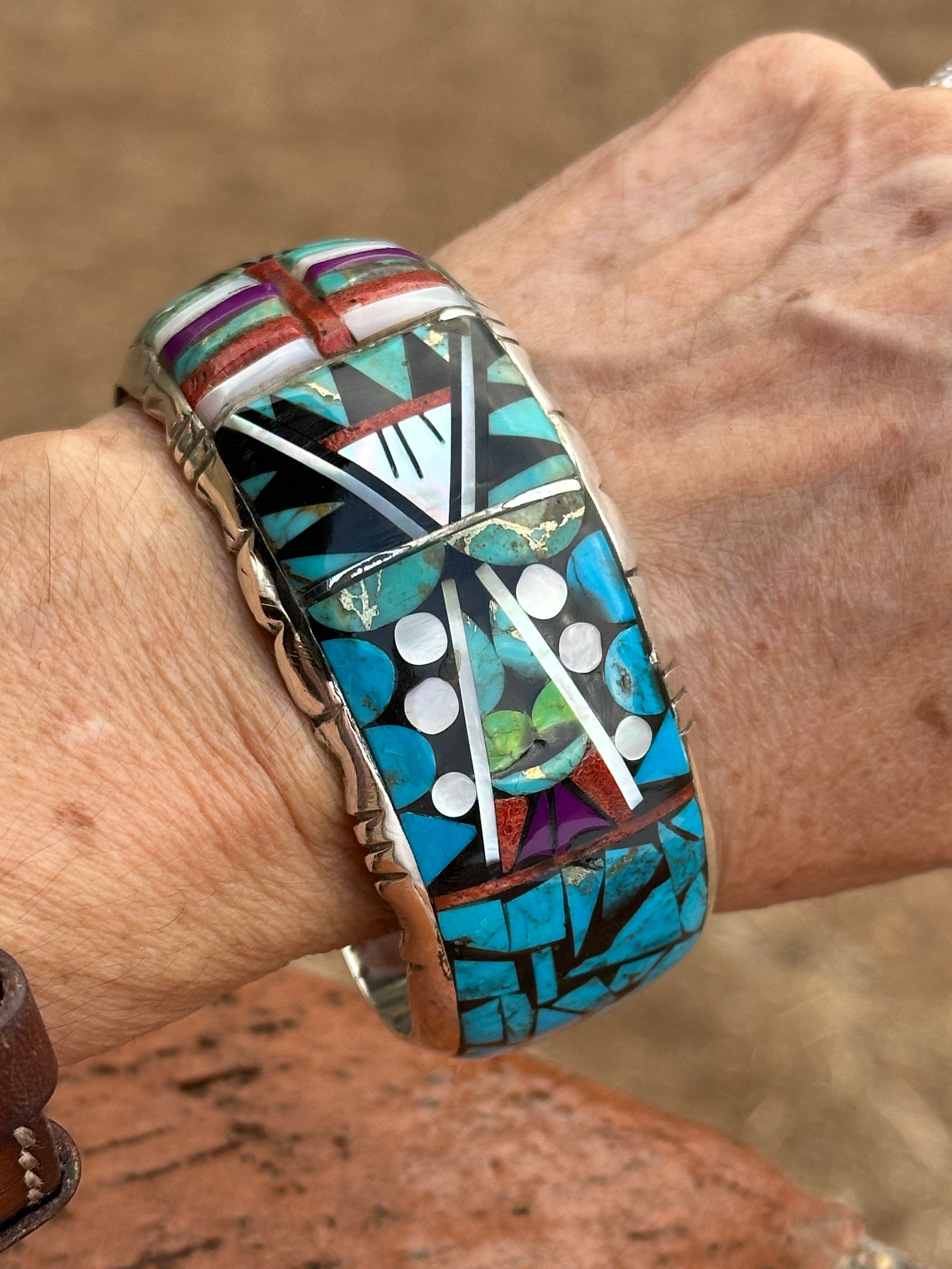 Handmade Sterling Silver Multi Stone Mosaic  Inlay Cuff