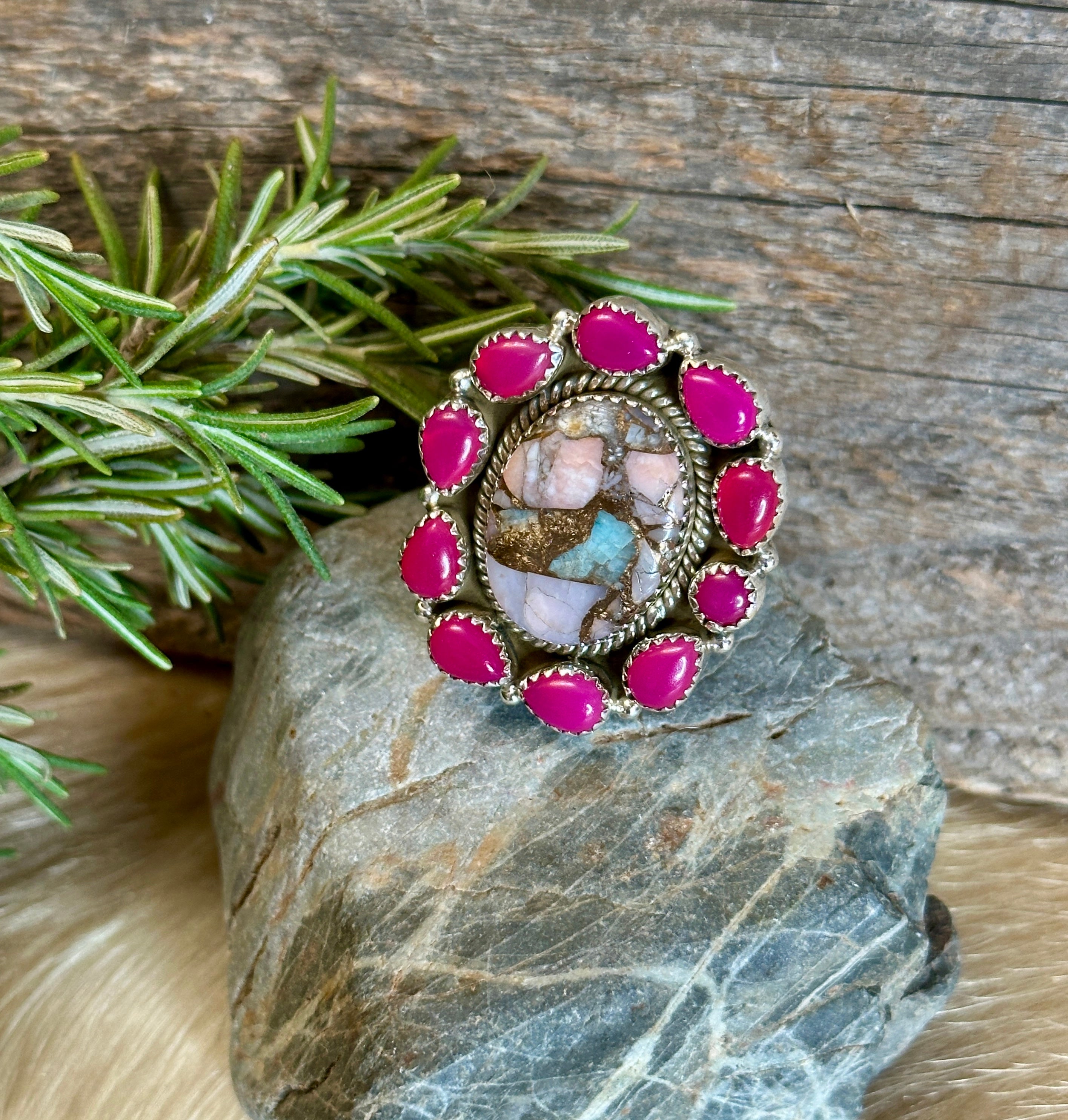 Handmade Pink Opal MultiStone Sterling Silver Adjustable Ring