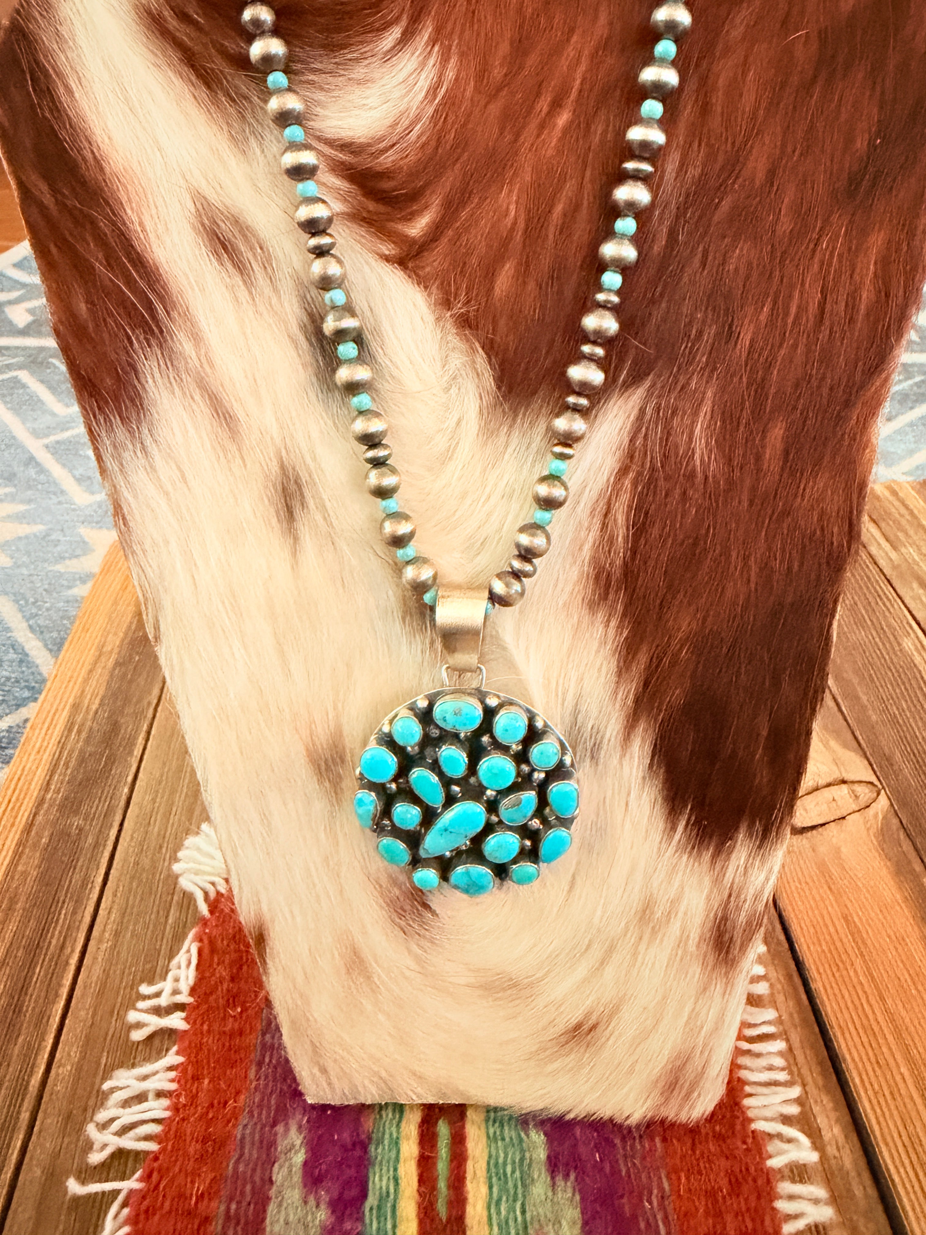 Handcrafted Turquoise & Sterling Silver Cluster Beaded Necklace by Bobby Johnson