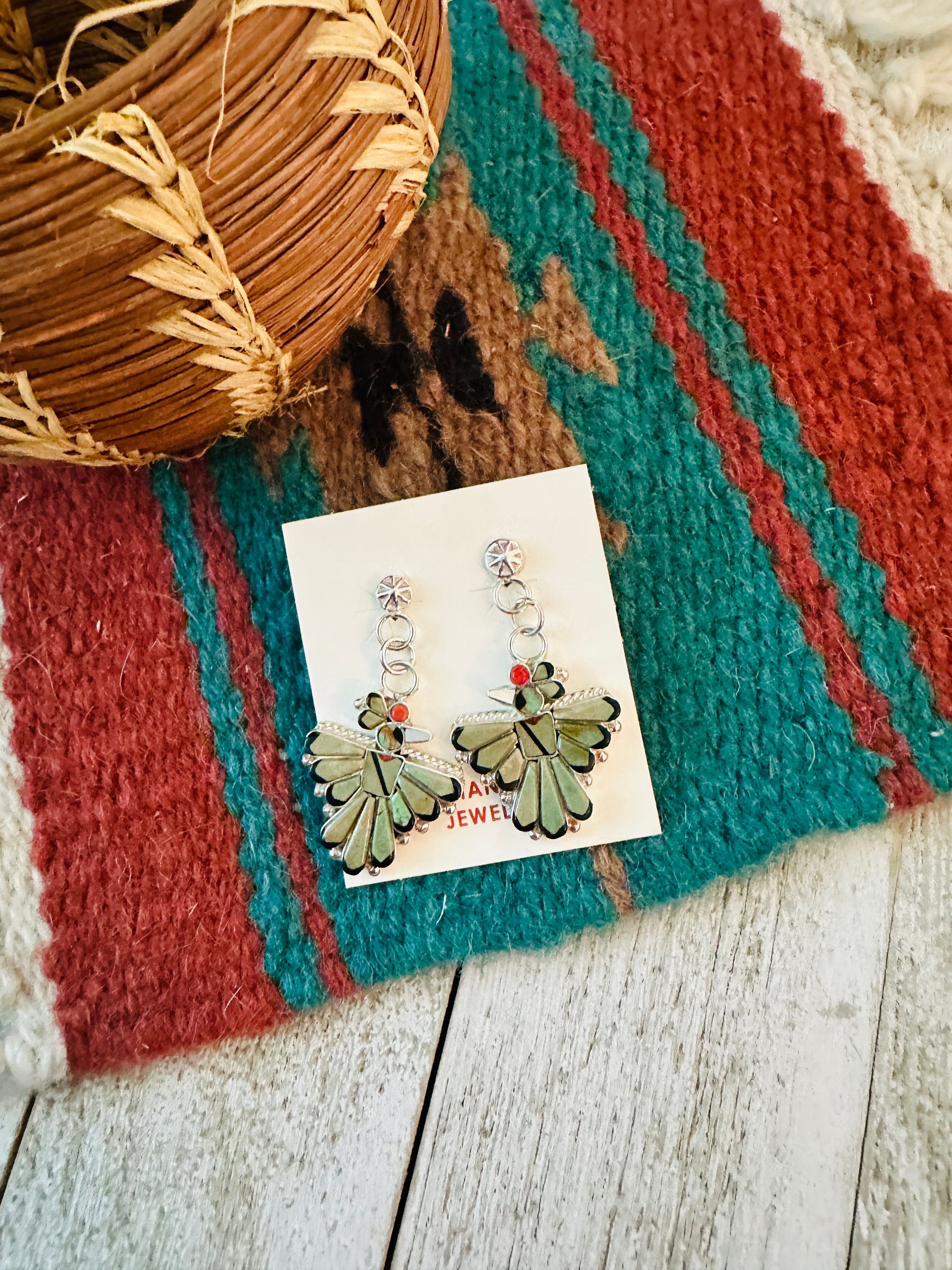 Handcrafted Multi Stone & Sterling Silver Inlay Thunderbird Dangle Earrings