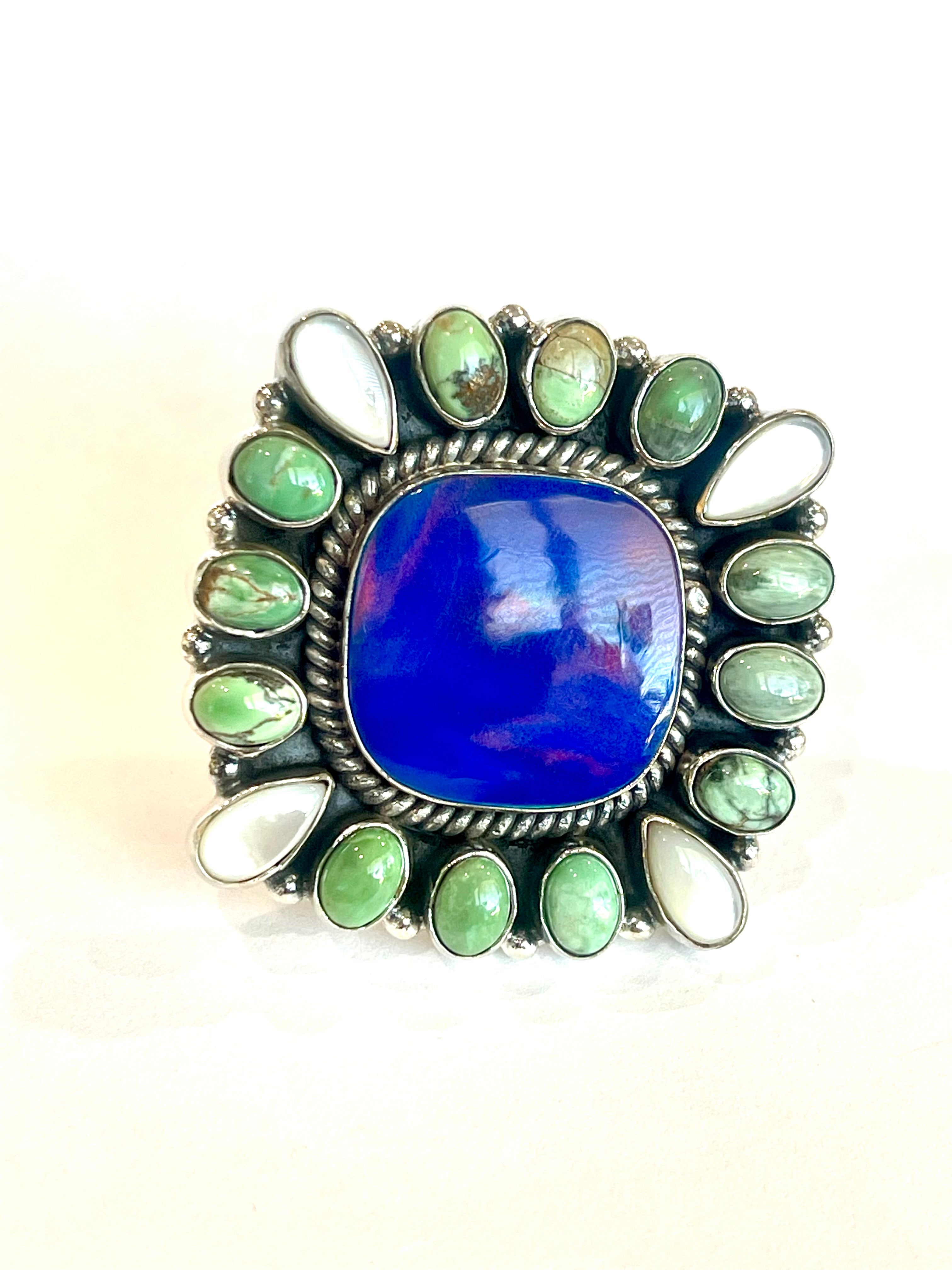 Handmade  Blue Opal, Mother Of Pearl, Turquoise And Sterling Silver Adjustable Ring Signed Nizhoni