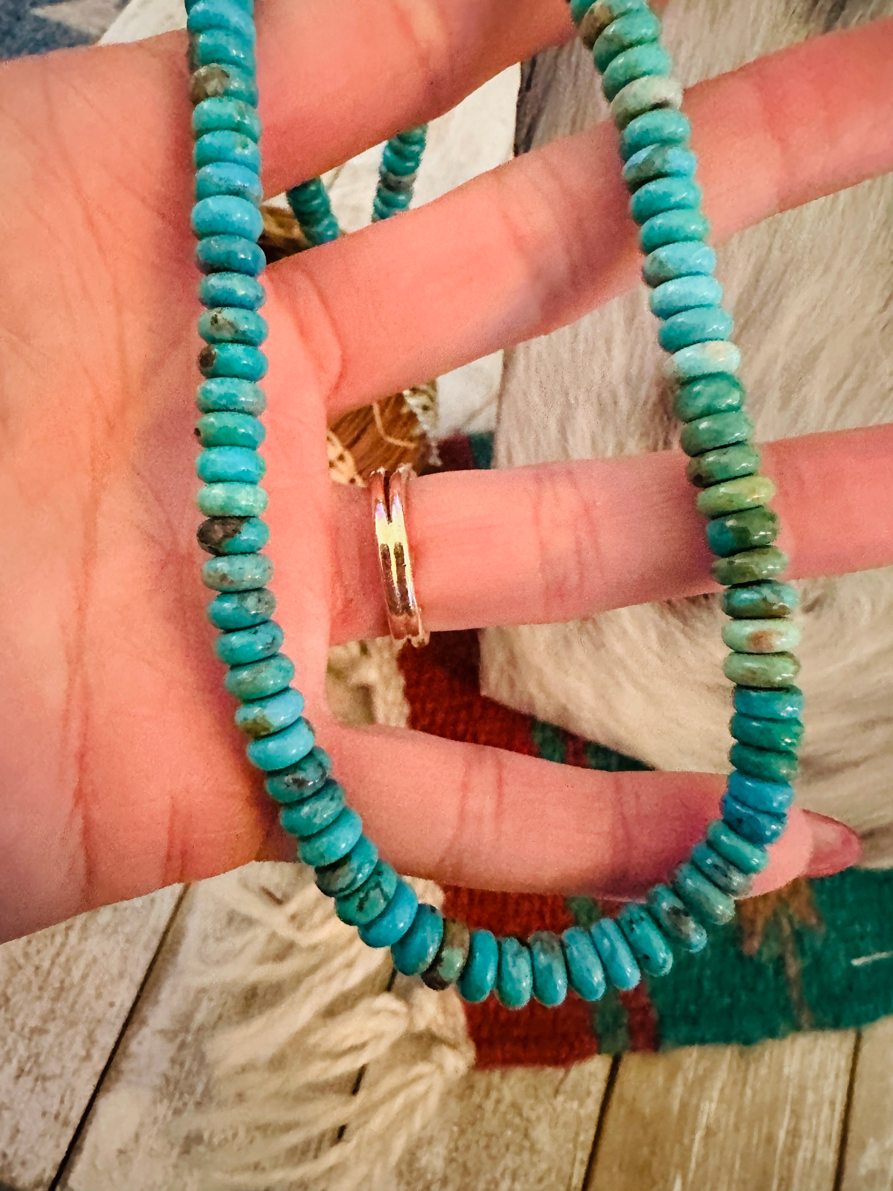 Handcrafted Turquoise & Sterling Silver Beaded Necklace 16”