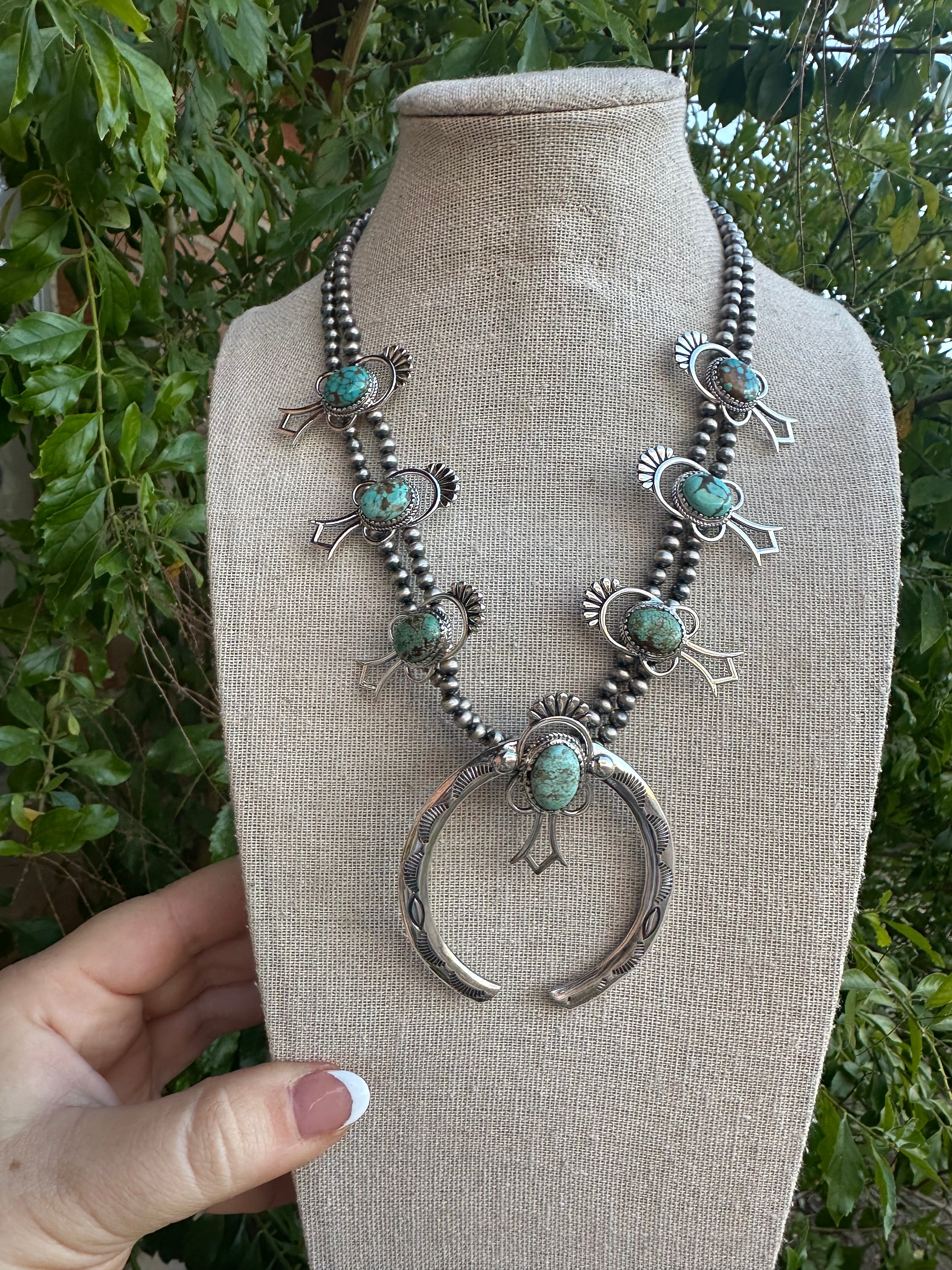 Handmade Sterling Silver, Number 8 Turquoise Squash Blossom Set