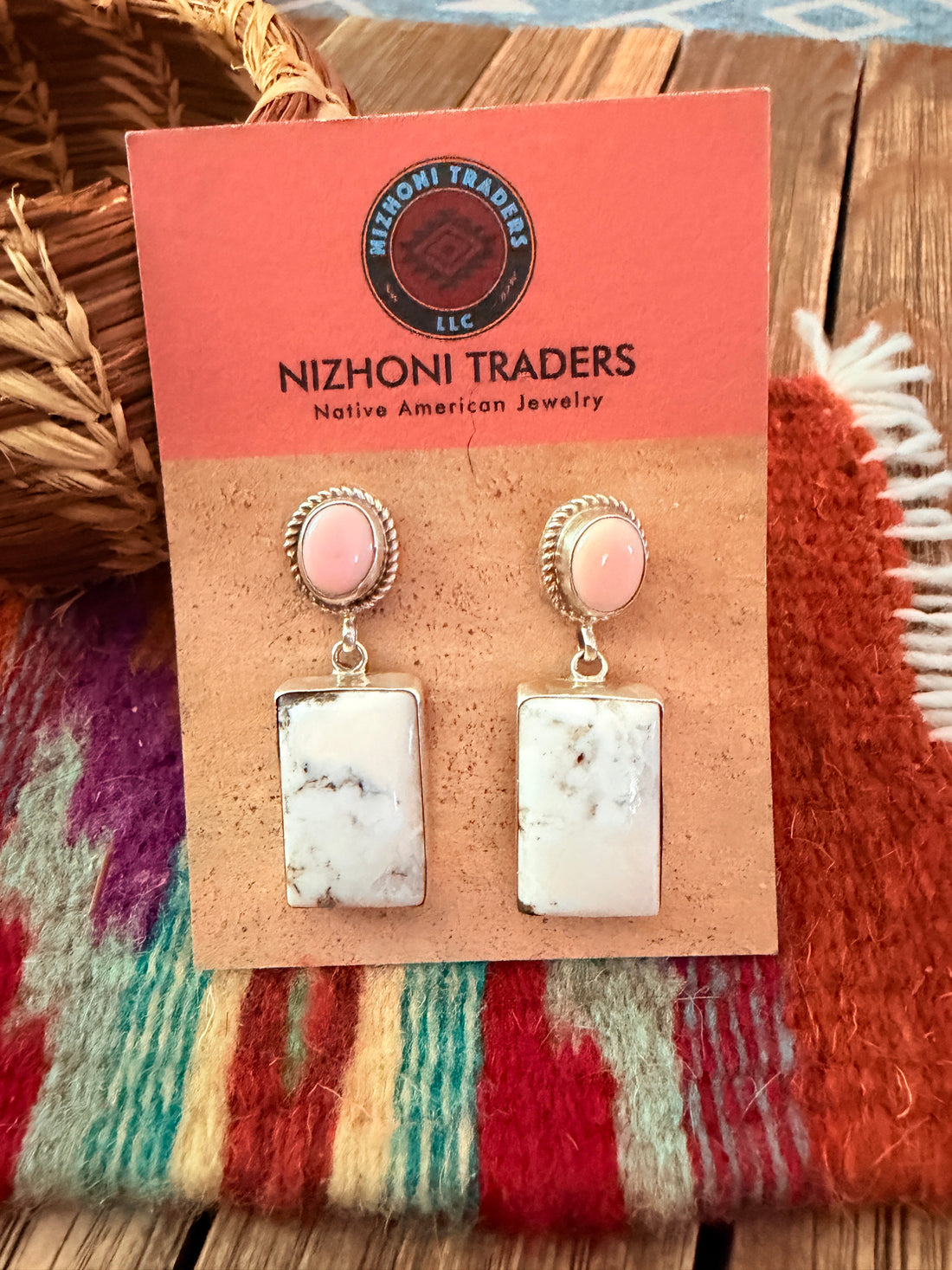 Handcrafted White Buffalo, Queen Pink Conch & Sterling Silver Dangle Earrings