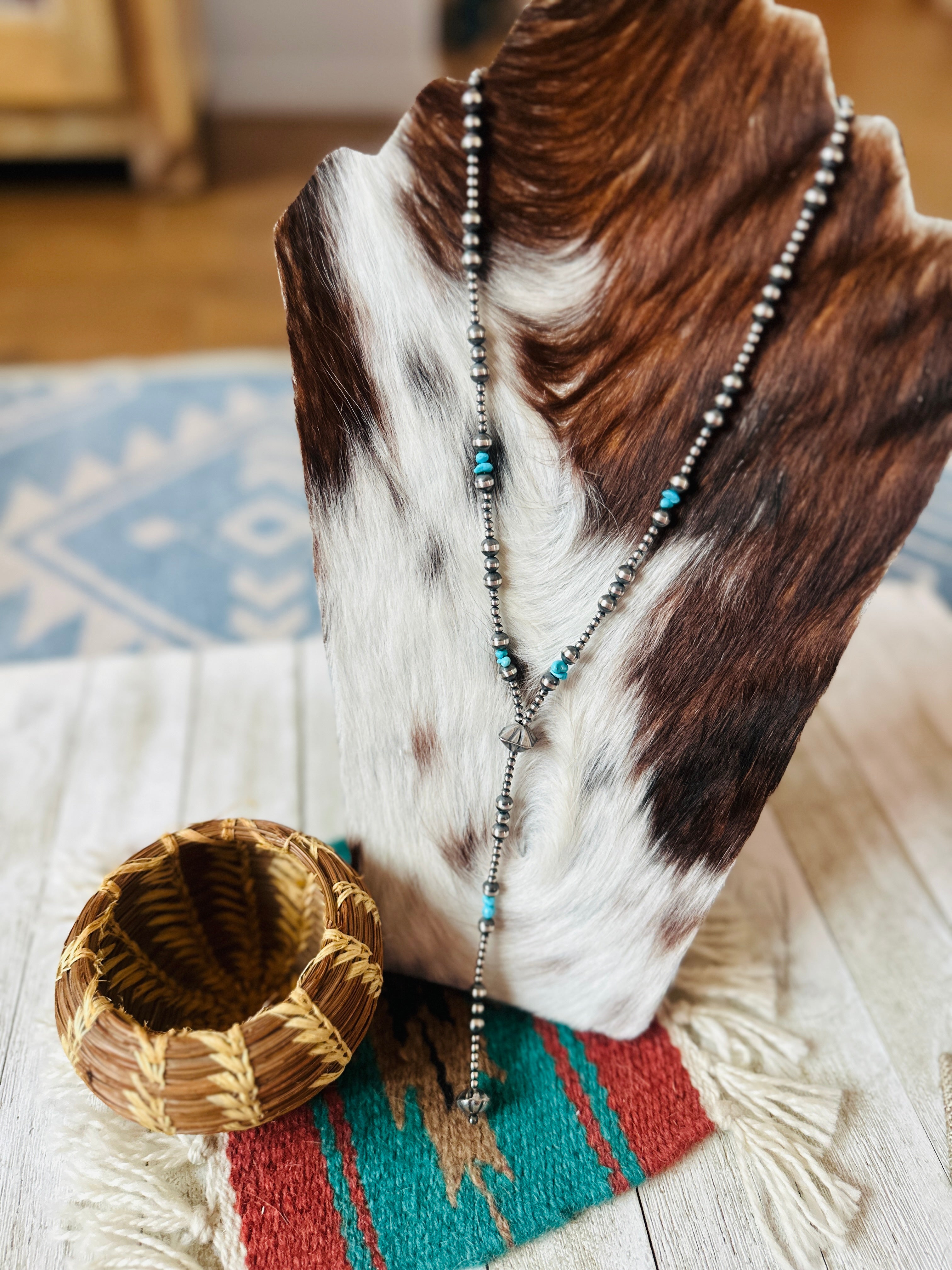 Handcrafted Turquoise & Sterling Silver Pearl 6mm Beaded Lariat Necklace 20"