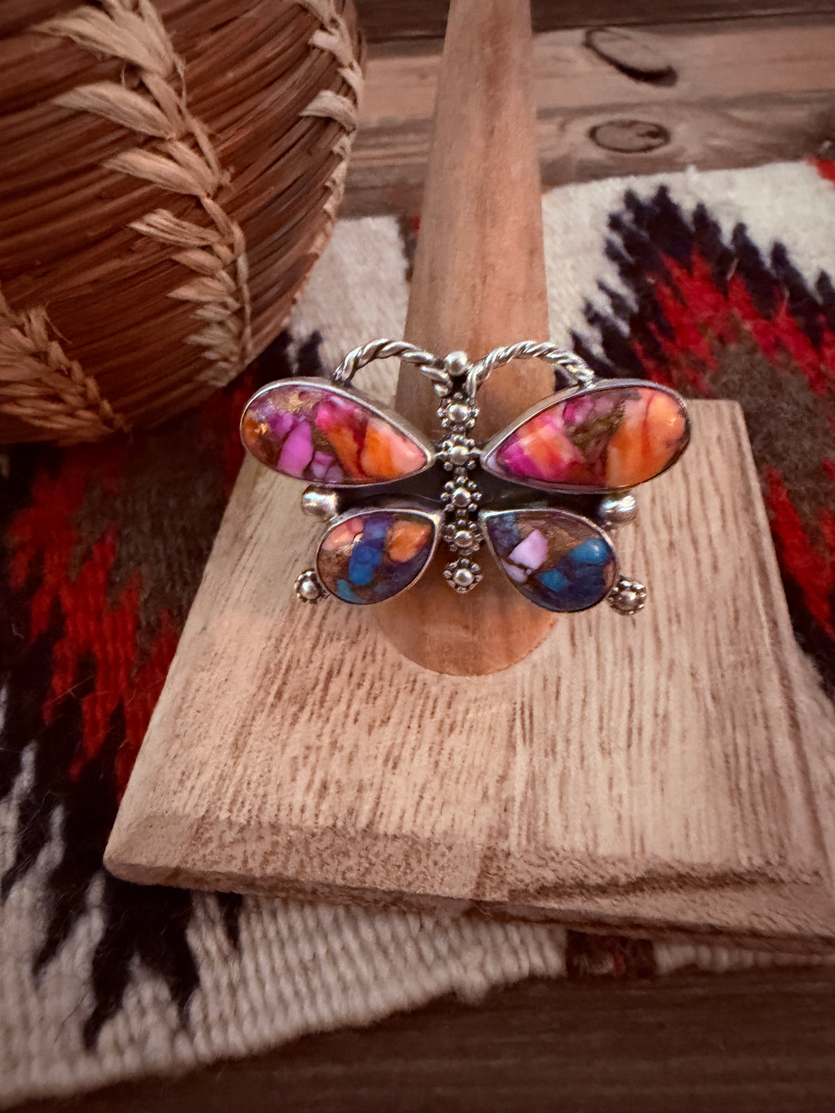 Handcrafted Pink Dream Mojave & Sterling Silver Adjustable Butterfly Ring
