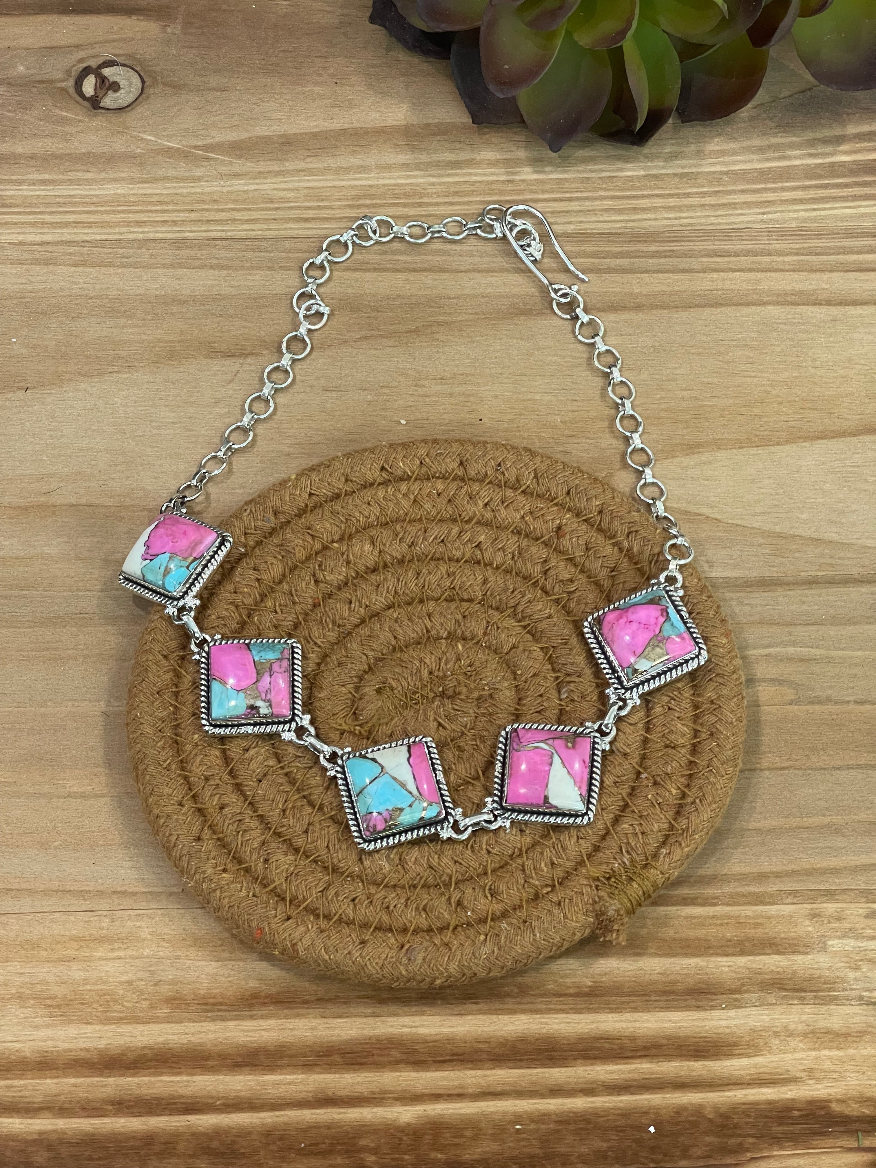 Handmade Sterling Silver Cotton Candy Turquoise Necklace with Signed Nizhoni