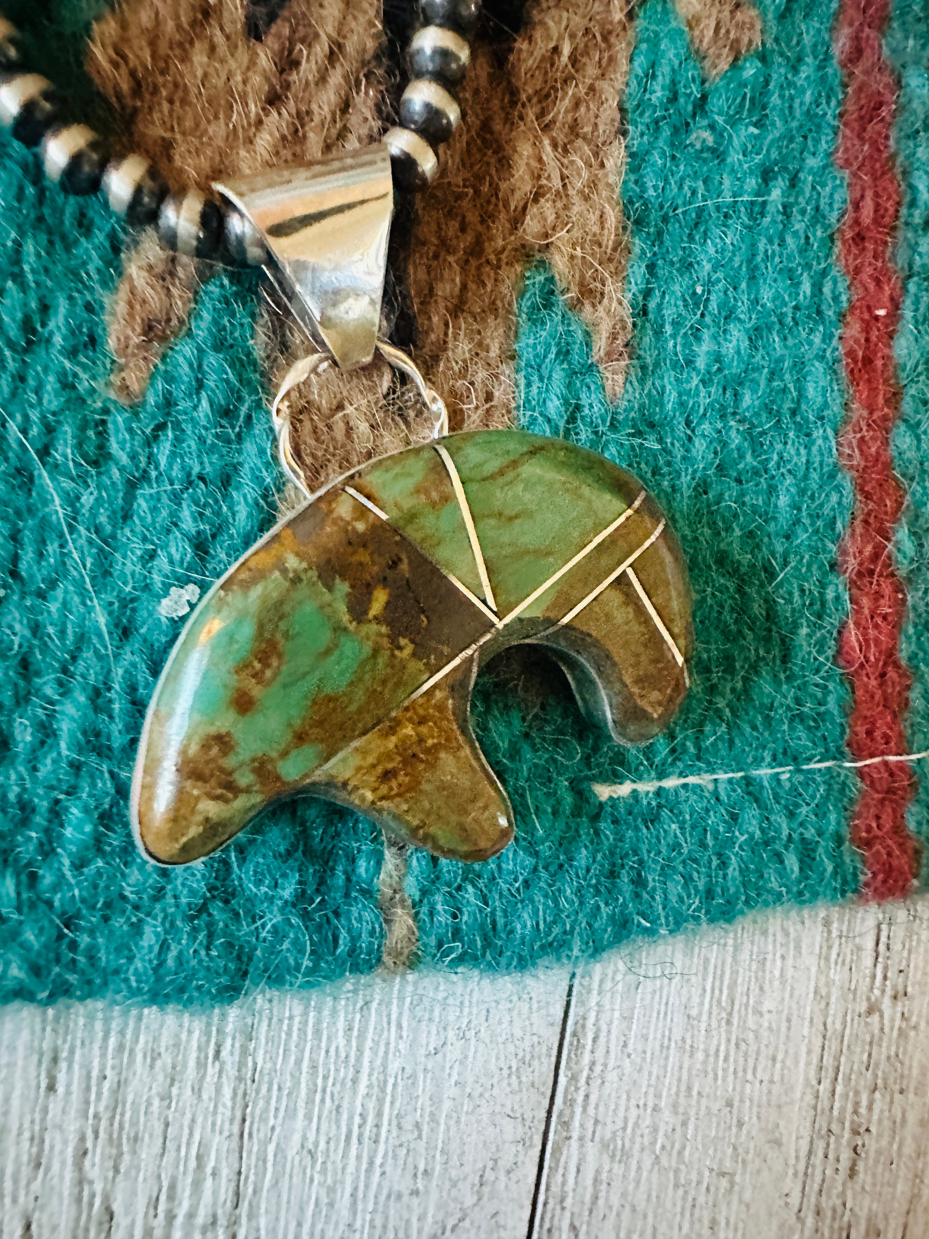 Navajo Turquoise & Sterling Silver Inlay Fetish Bear Pendant