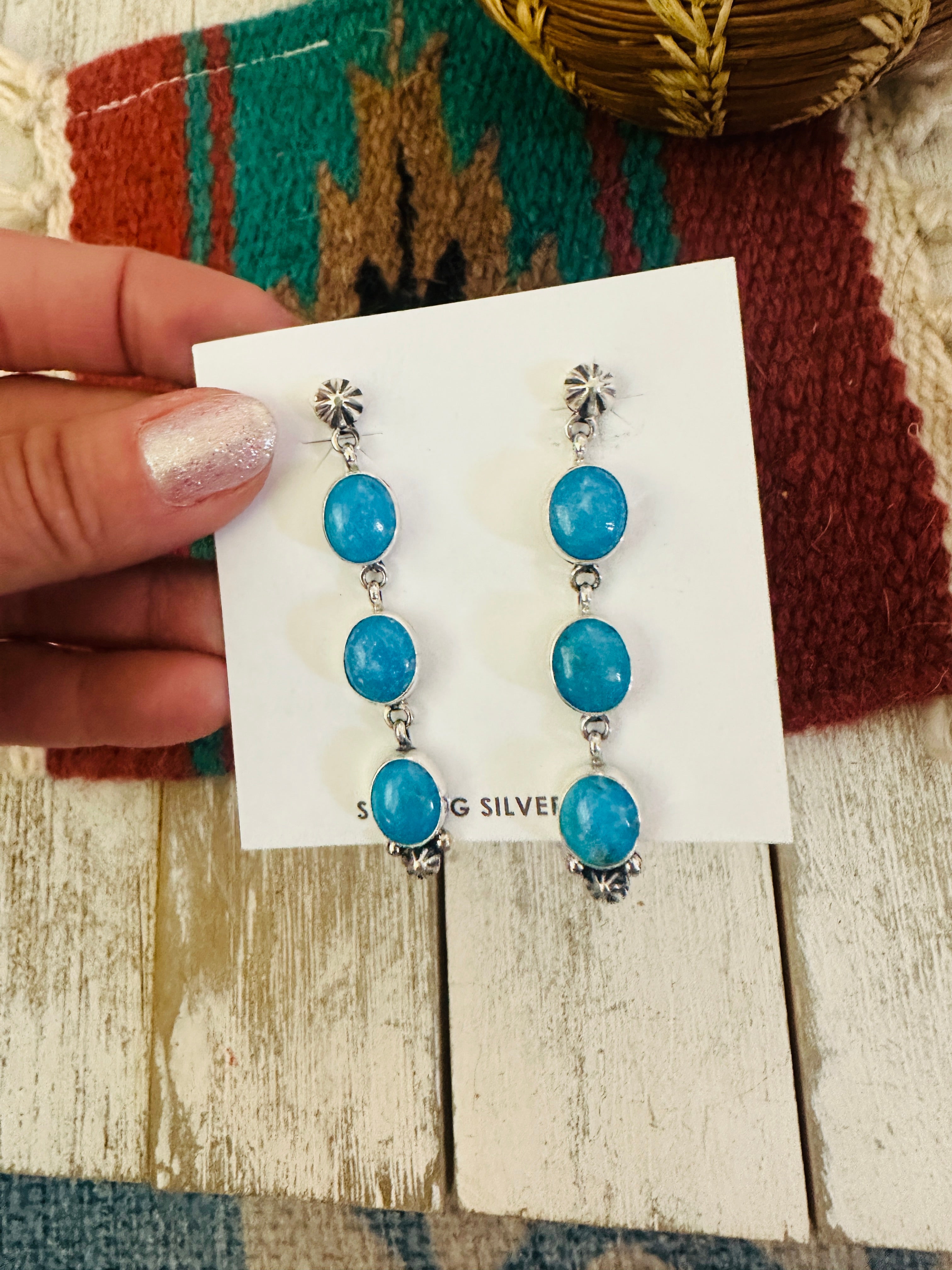 Navajo Kingman Turquoise And Sterling Silver Dangle Earrings