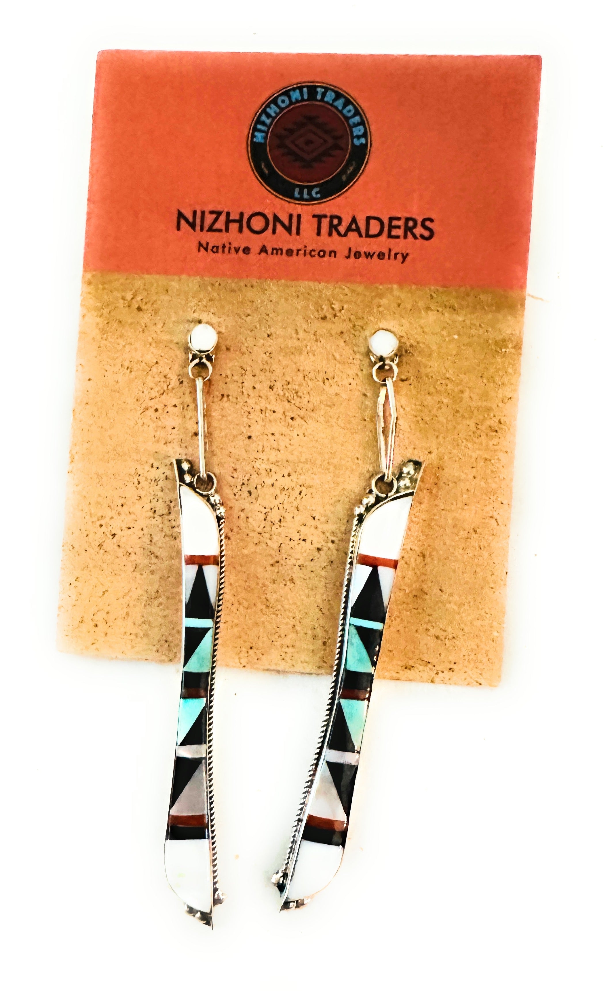 Zuni Multi Stone & Sterling Silver Inlay Dangle Earrings