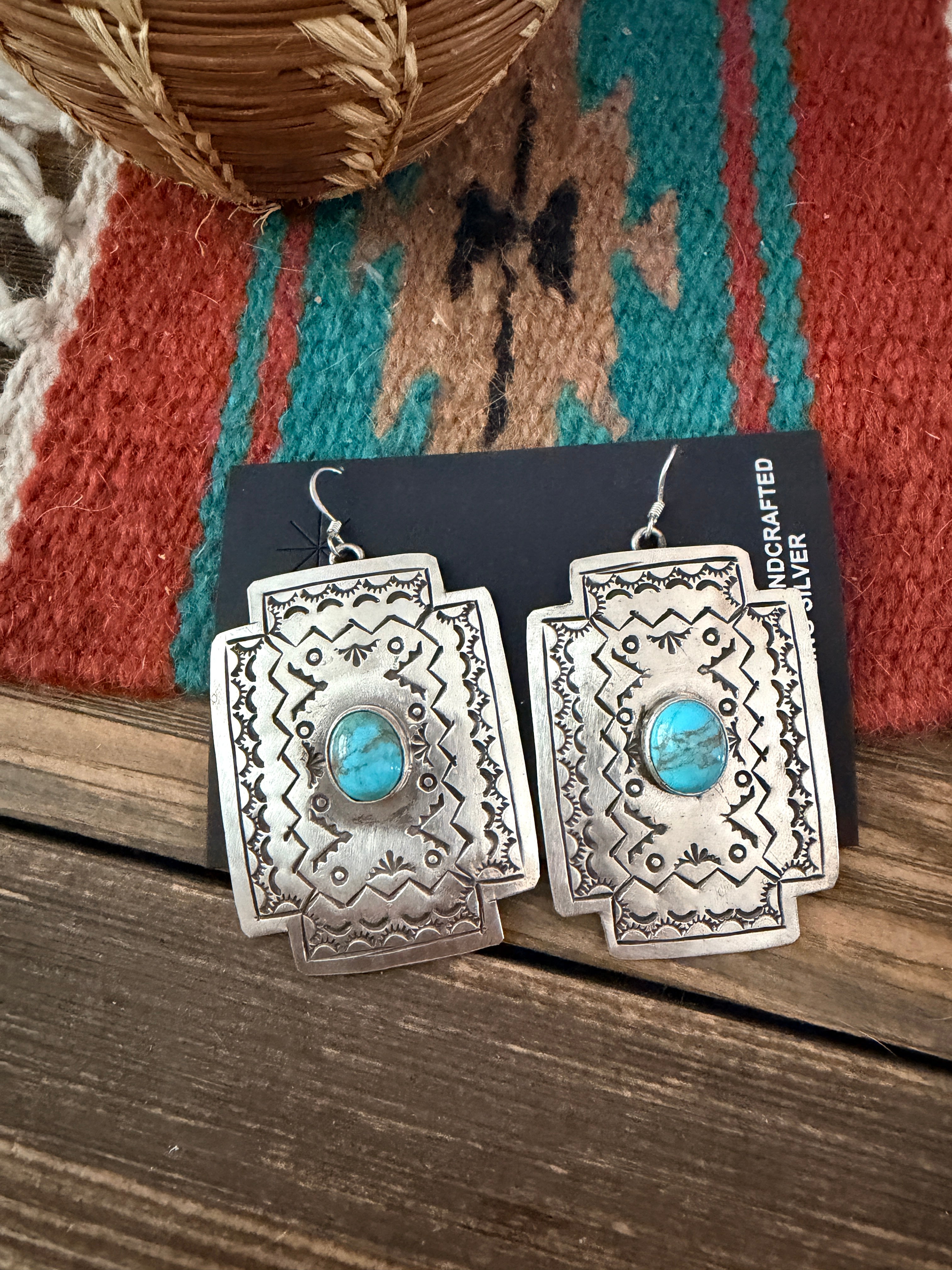 Handcrafted Sterling Silver & Turquoise Concho Cross Dangle Earrings