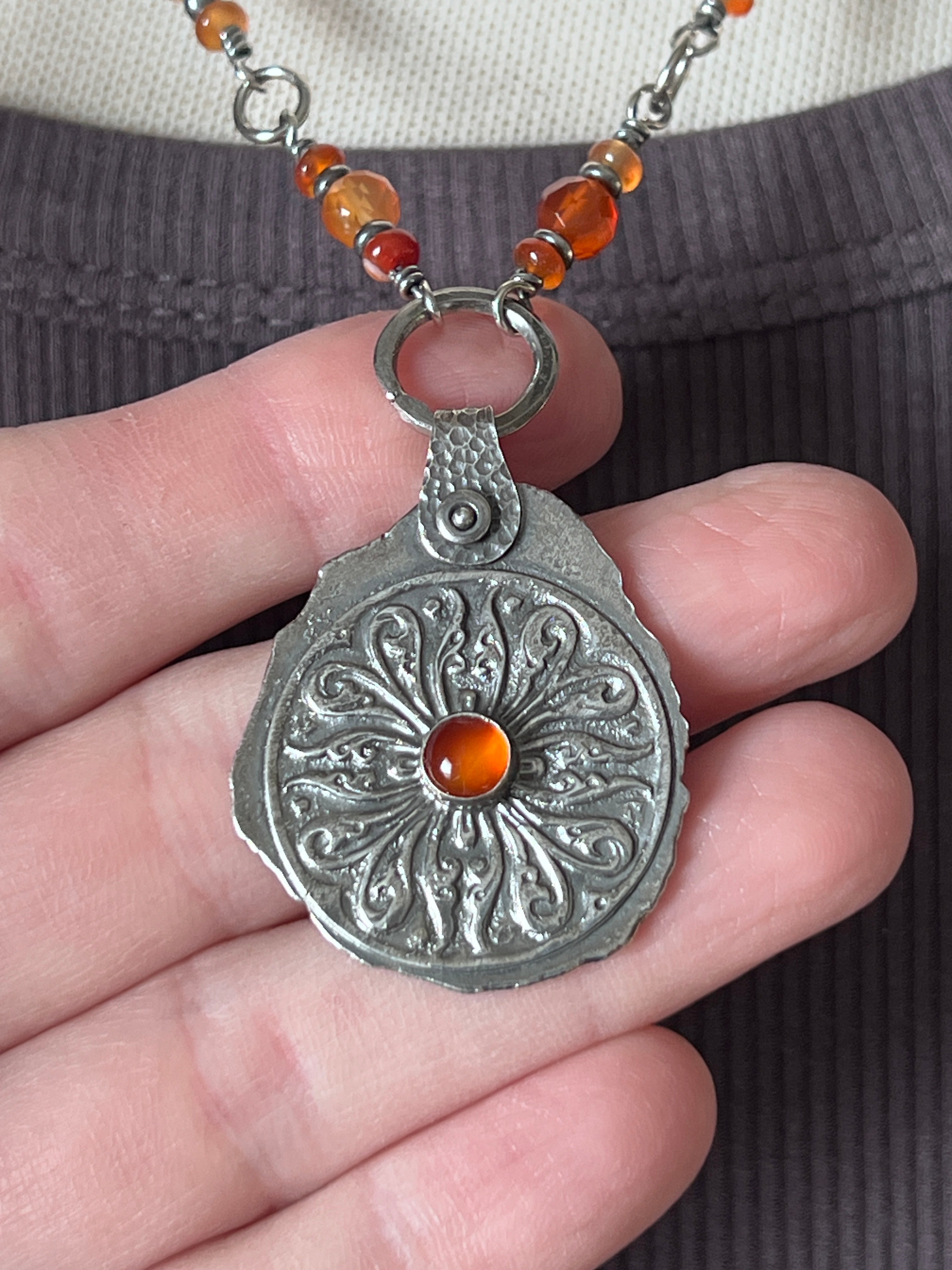 Tularosa Rosary Style Sterling Silver and Carnelian Relic Coin Necklace