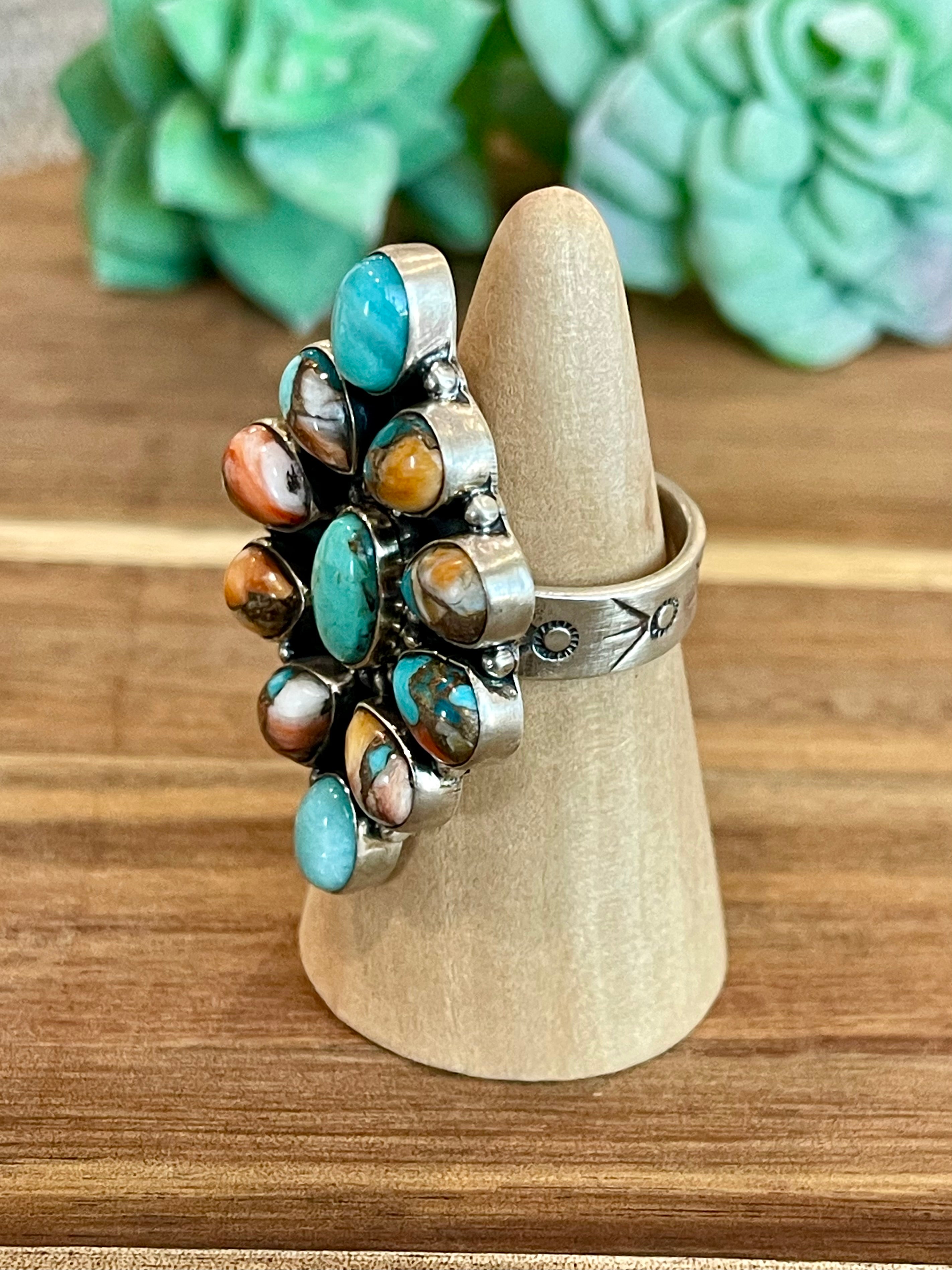 Beautiful Handmade Turquoise, Spice And Sterling Silver Adjustable Ring